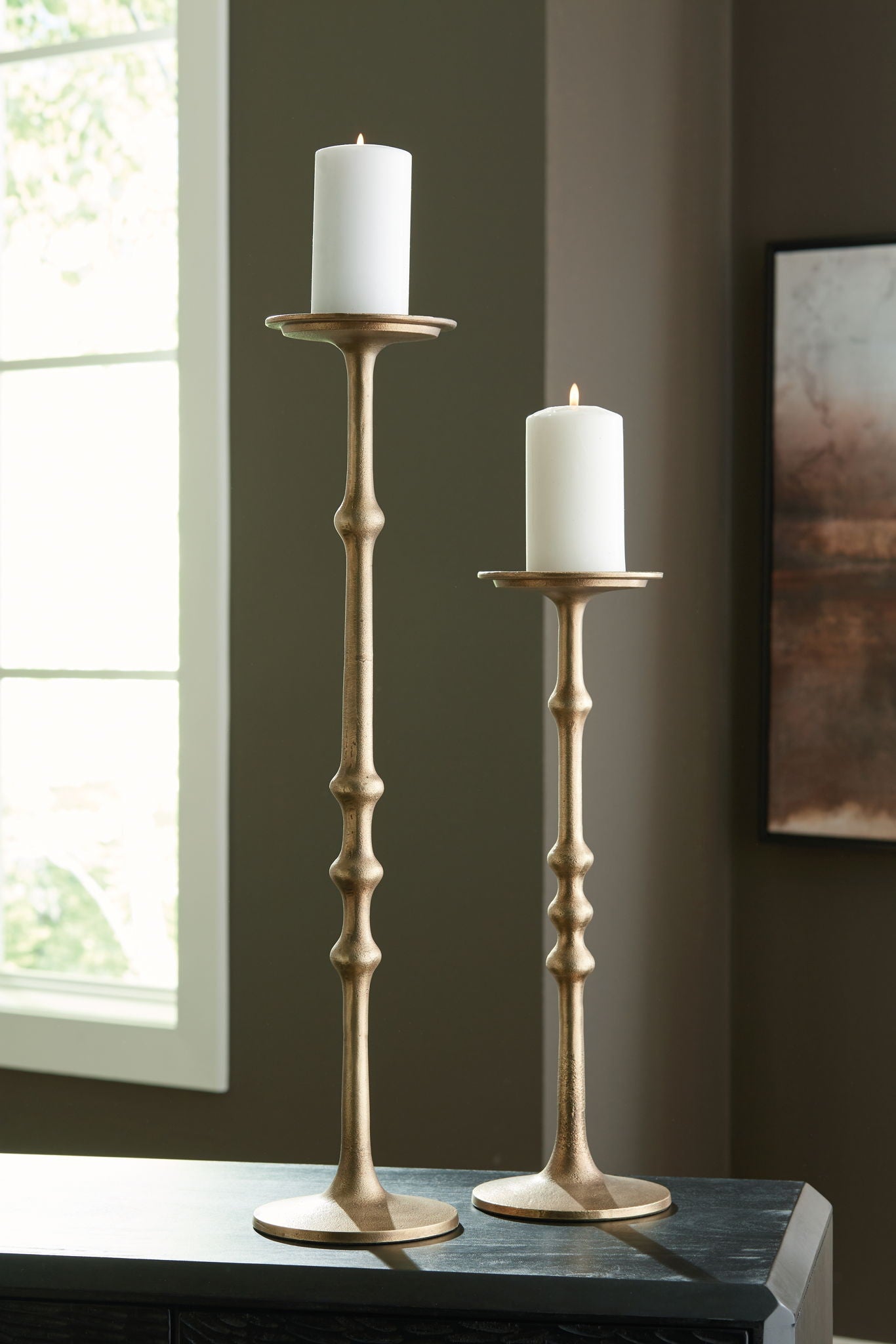 Larwick - Antique Brass Finish - Candle Holder Set (Set of 2) - Hornell Furniture Outlet