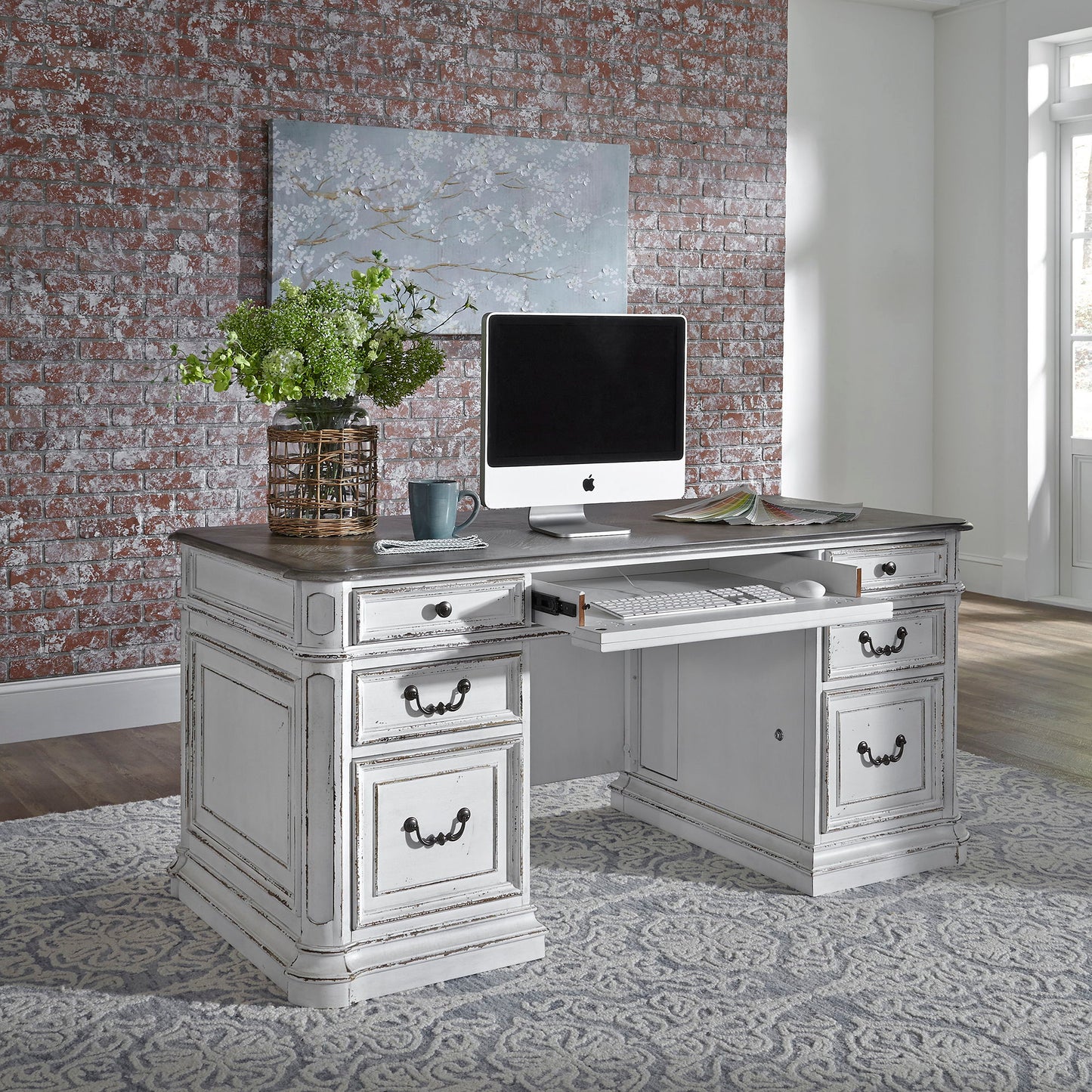Magnolia Manor - 5 Piece Home Office Set (Complete Desk) - White - Hornell Furniture Outlet