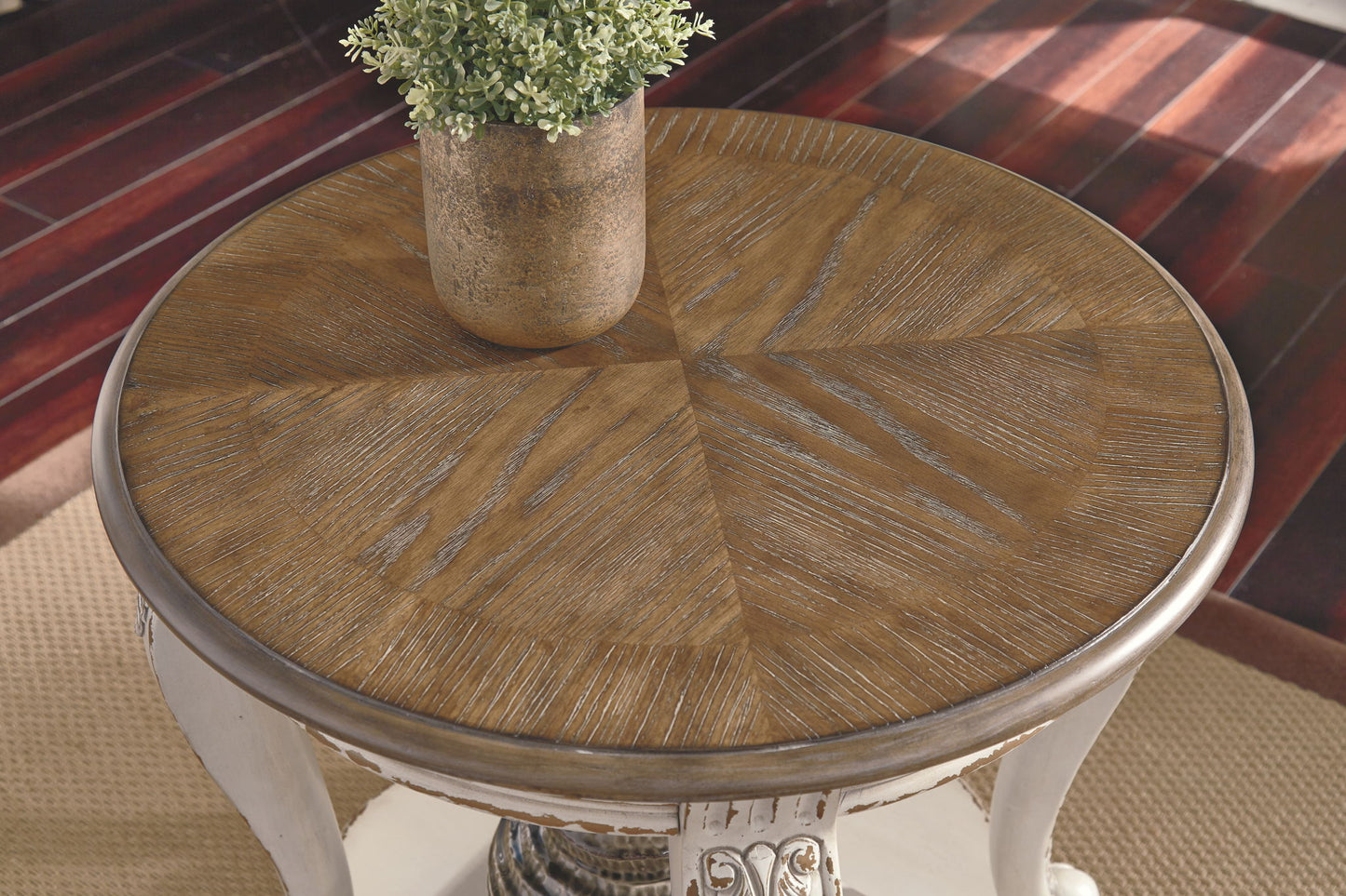 Realyn - White / Brown - Round End Table - Hornell Furniture Outlet