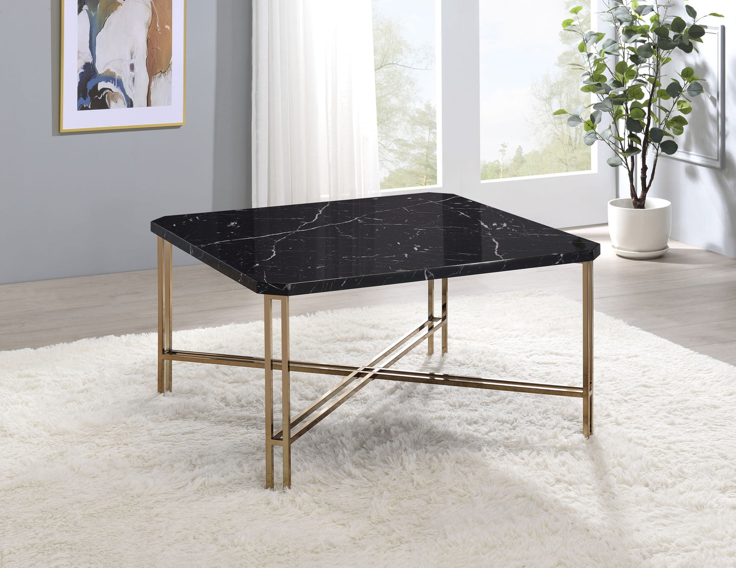 Daxton - Faux Marble Top Square Cocktail Table - Black - Hornell Furniture Outlet