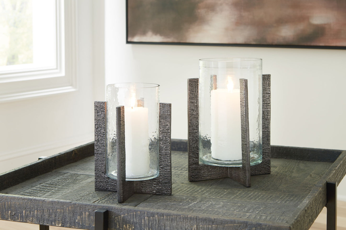 Garekton - Clear / Pewter Finish - Candle Holder Set (Set of 2) - Hornell Furniture Outlet