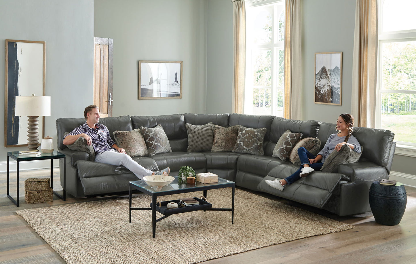 Como - 5 Piece Italian Leather Match Reclining Sectional - Hornell Furniture Outlet