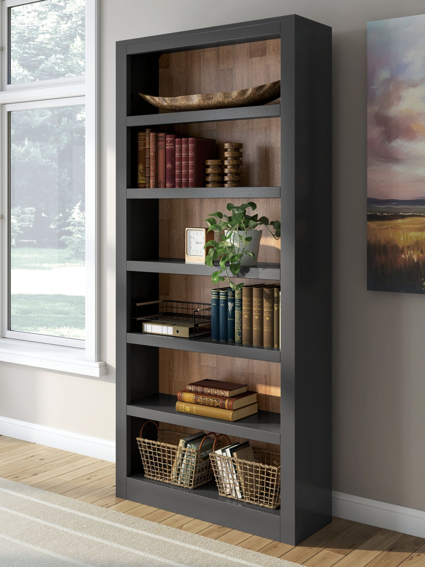 Wildenauer - Brown / Black - 4 Pc. - Home Office Desk And Return, Swivel Desk Chair, Bookcase - Hornell Furniture Outlet