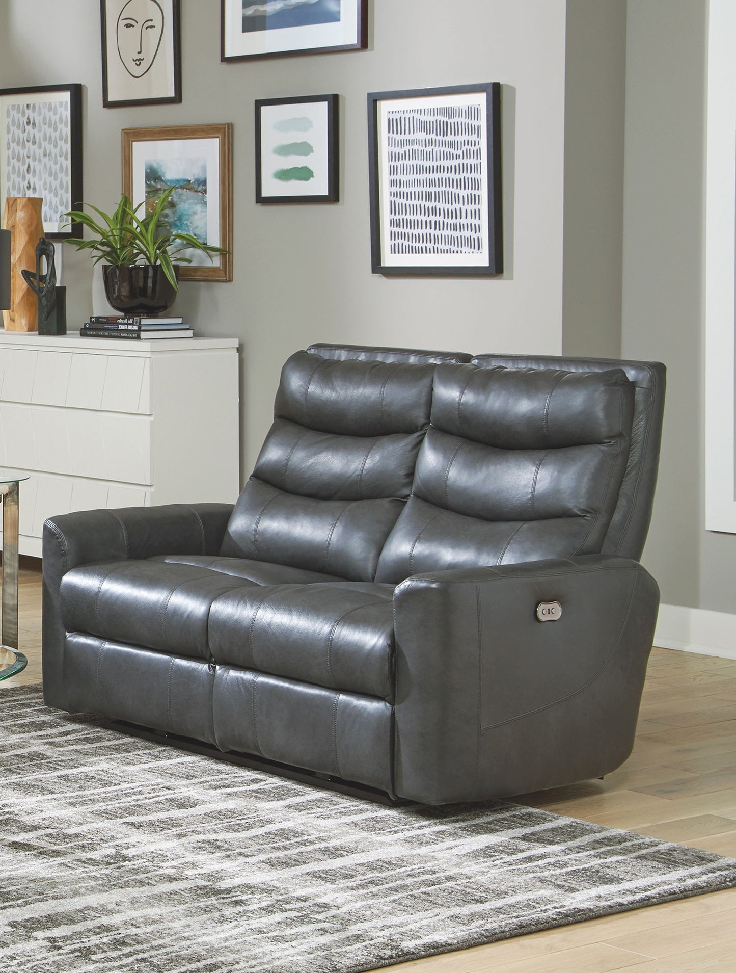 Bosa - Leather Power Reclining Loveseat - Charcoal - Hornell Furniture Outlet