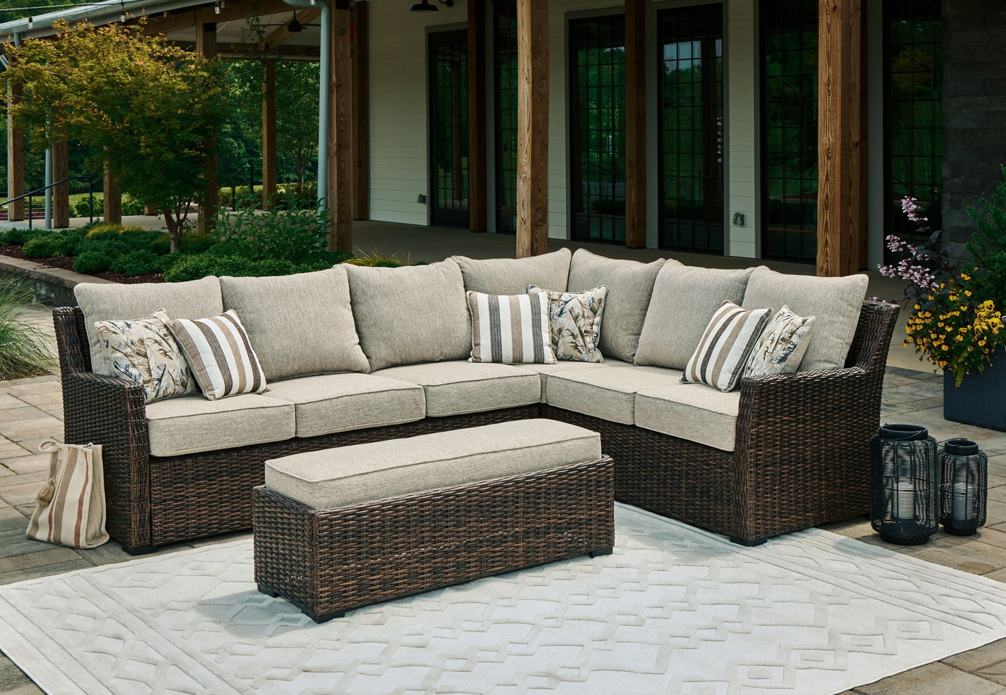 Brook Ranch - Brown - Sofa Sectional, Bench With Cushion (Set of 3) - Hornell Furniture Outlet