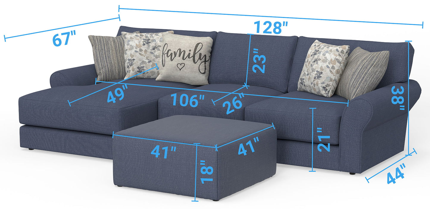 Cape May - Sofa Chaise With Comfort Coil Seating, 41" Cocktail Ottoman And 5 Accent Pillows Included - Hornell Furniture Outlet