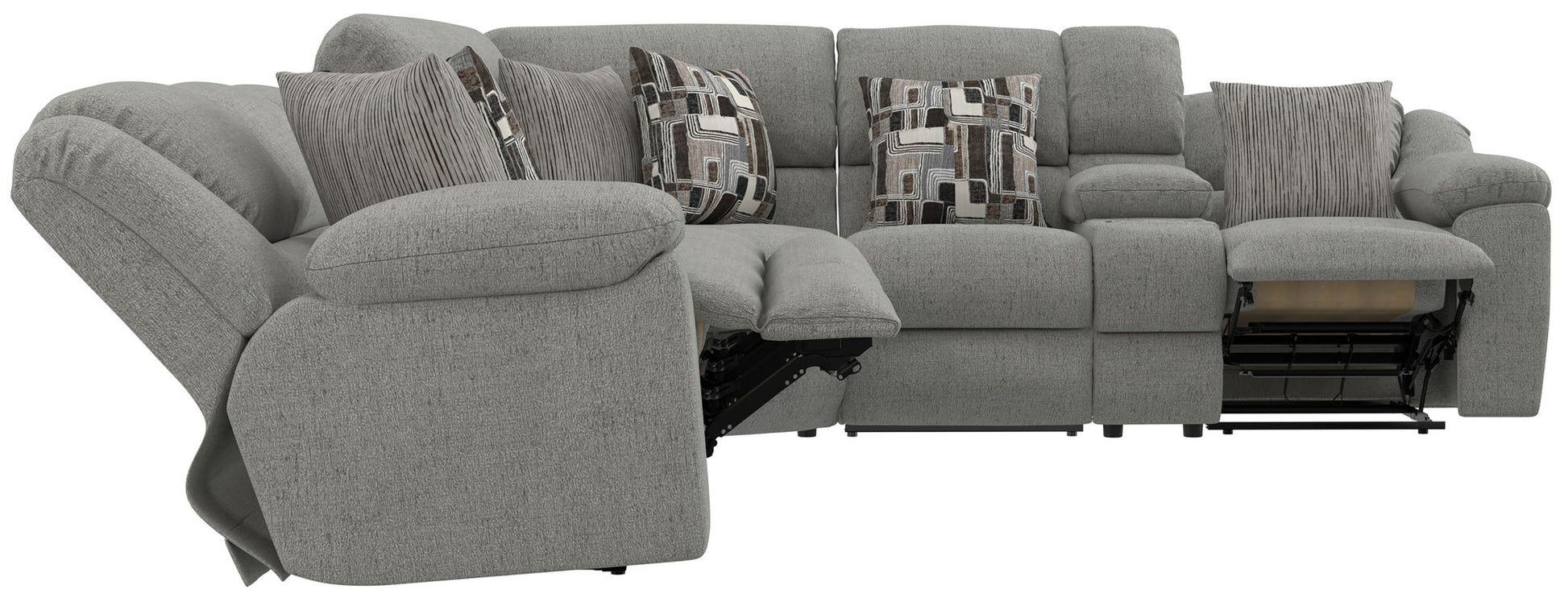 Quinn - 3 Piece Reclining Sectional With 4 Reclining Seats, Storage Arms, Storage Console With Lights, And Drop Down Table - Nature - Hornell Furniture Outlet