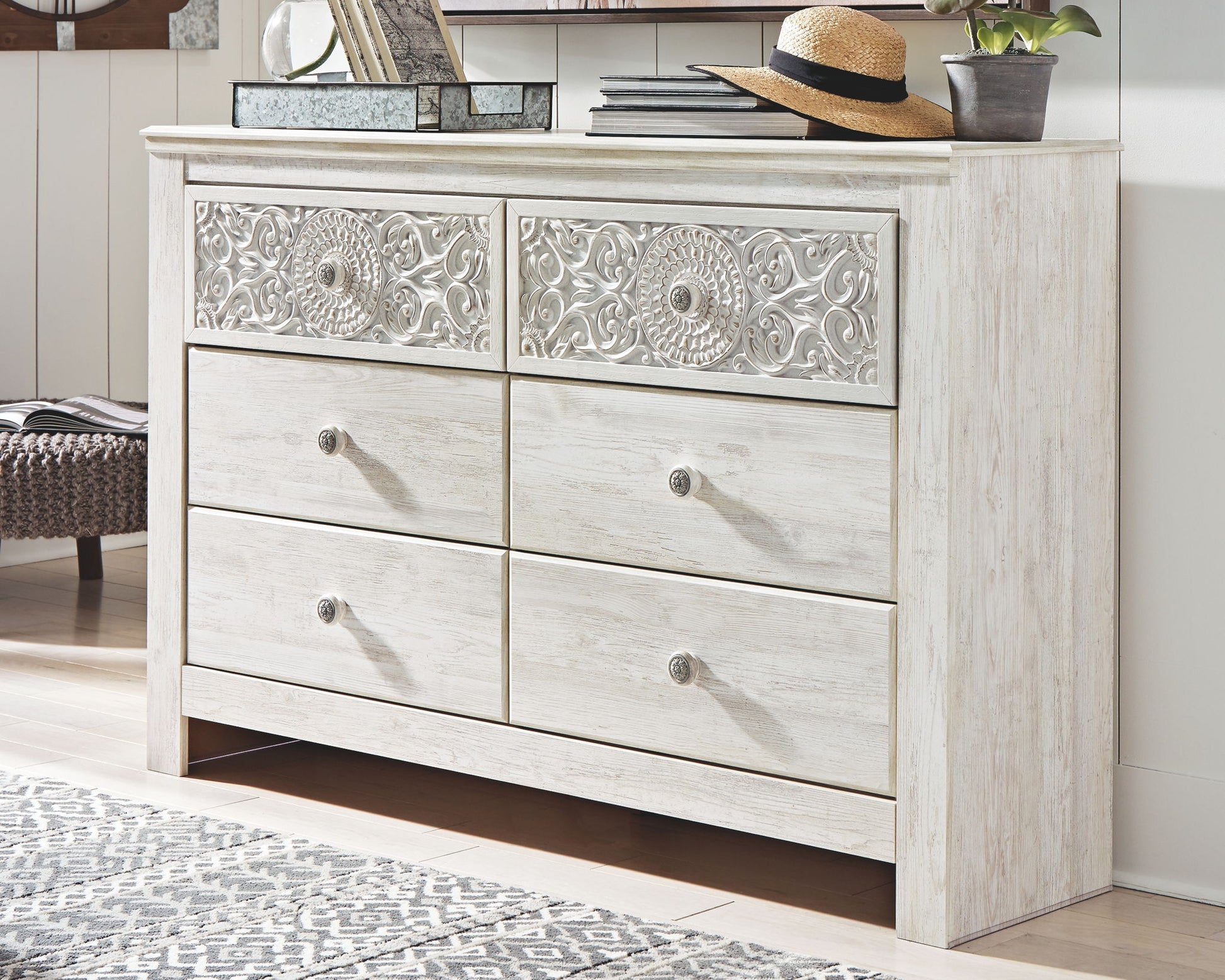 Paxberry - Whitewash - Six Drawer Dresser - Medallion Drawer Pulls - Hornell Furniture Outlet