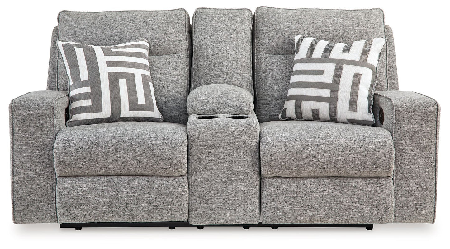 Biscoe - Pewter - Power Reclining Loveseat With Console /Adj Headrest - Hornell Furniture Outlet