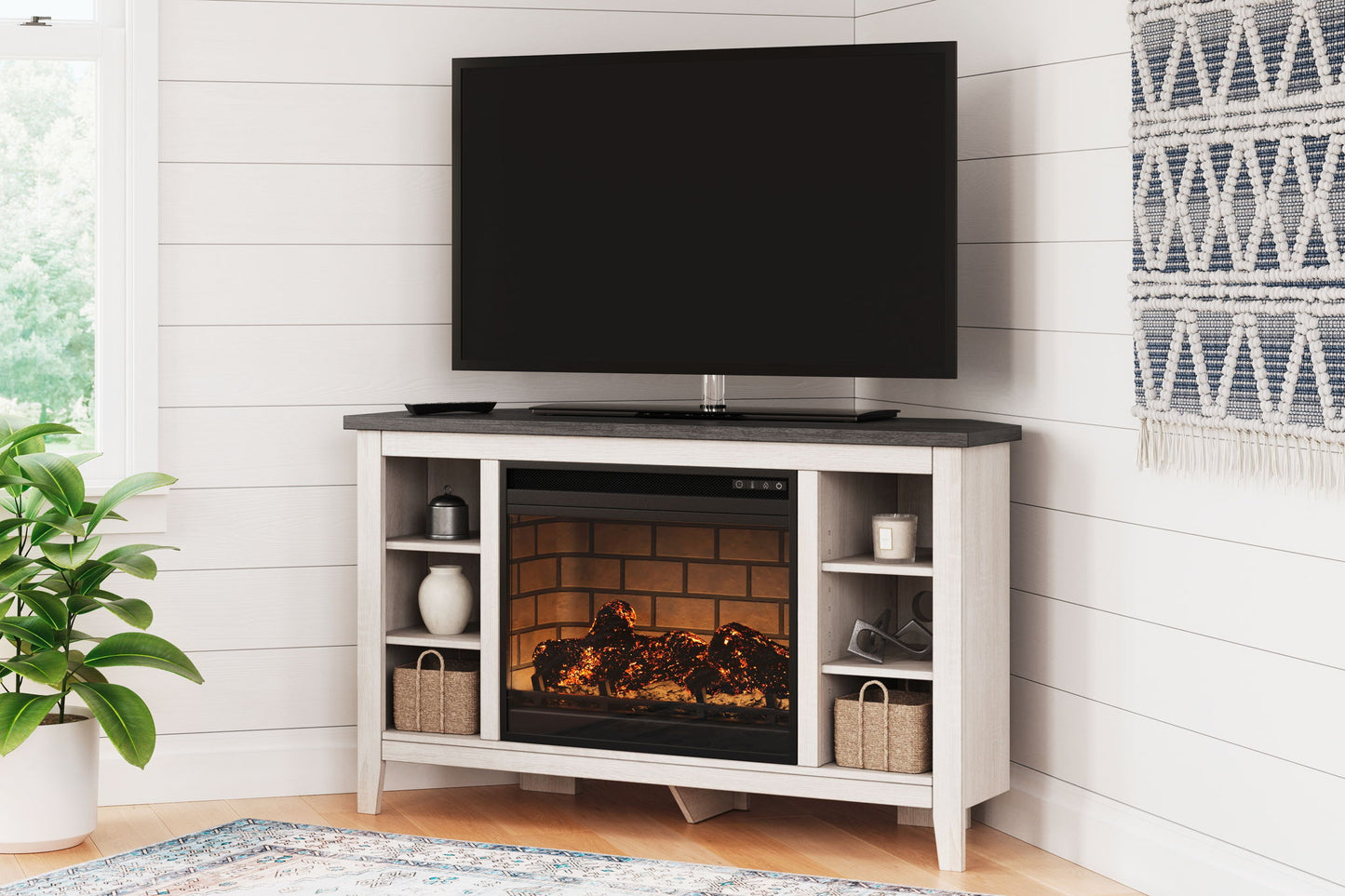 Dorrinson - Corner TV Stand With Fireplace Insert - Hornell Furniture Outlet