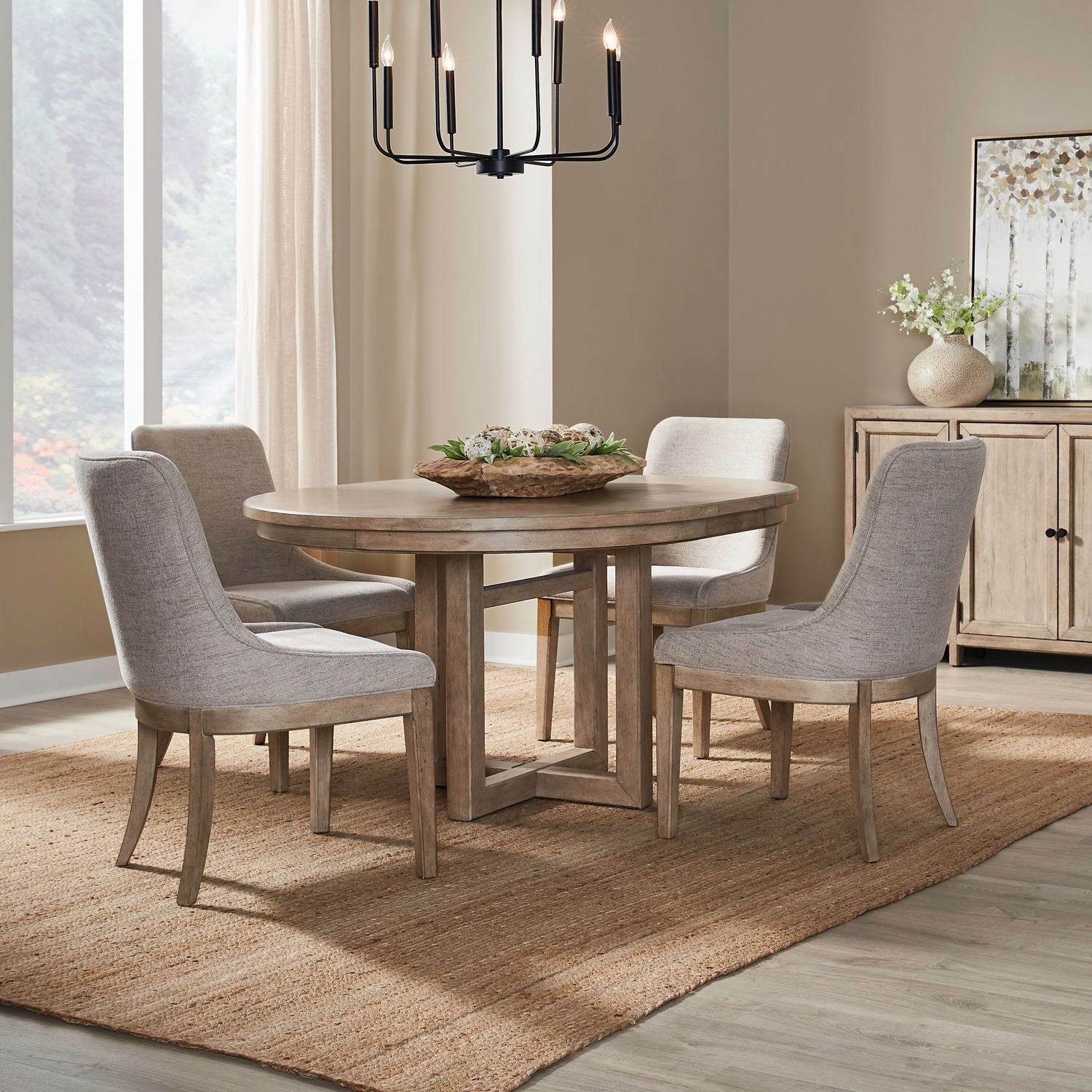 Proximity Place - 5 Piece Pedestal Table Set (Upholstered Side Chairs) - Brown - Hornell Furniture Outlet