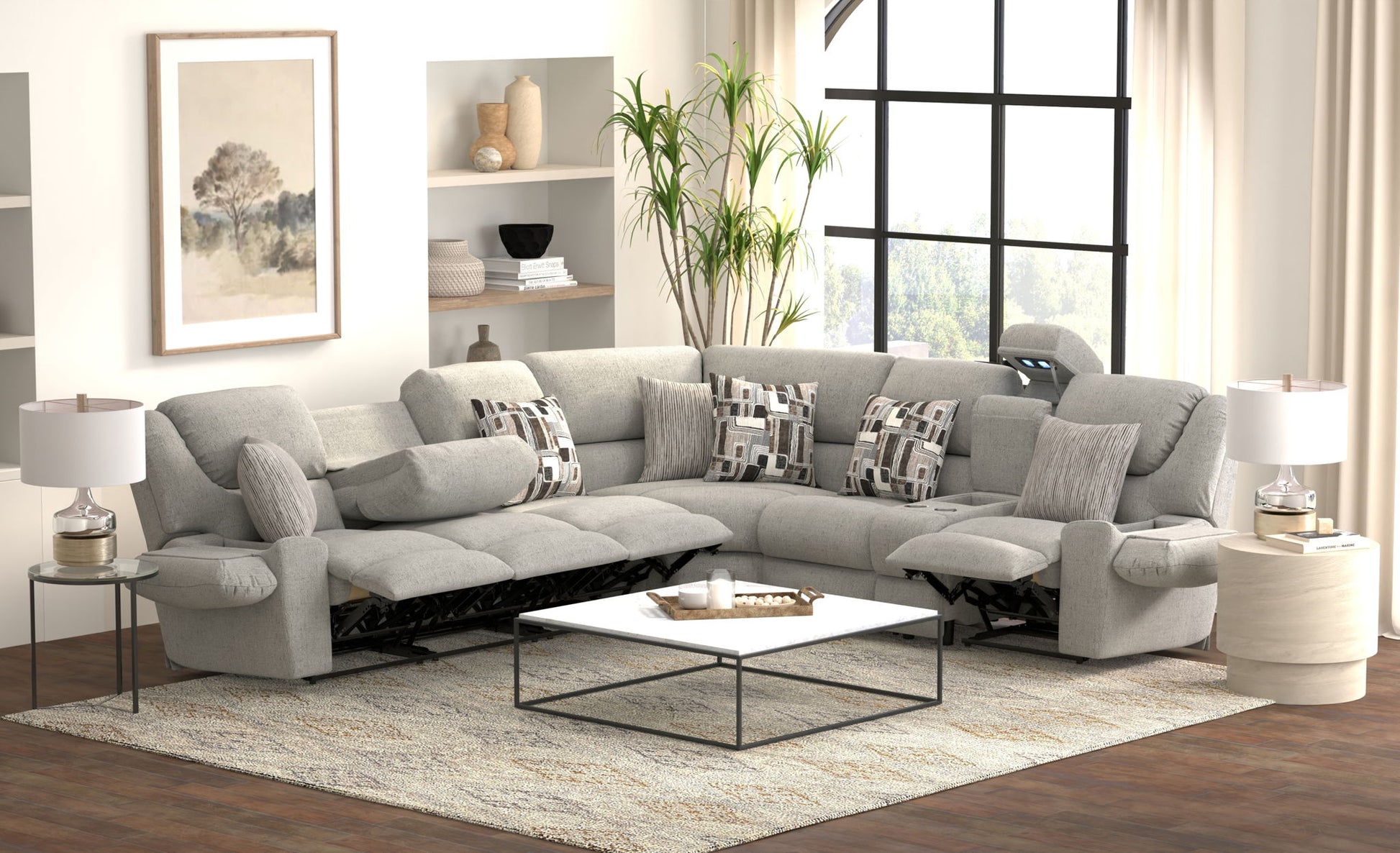 Quinn - 3 Piece Reclining Sectional With 4 Reclining Seats, Storage Arms, Storage Console With Lights, And Drop Down Table - Nature - Hornell Furniture Outlet