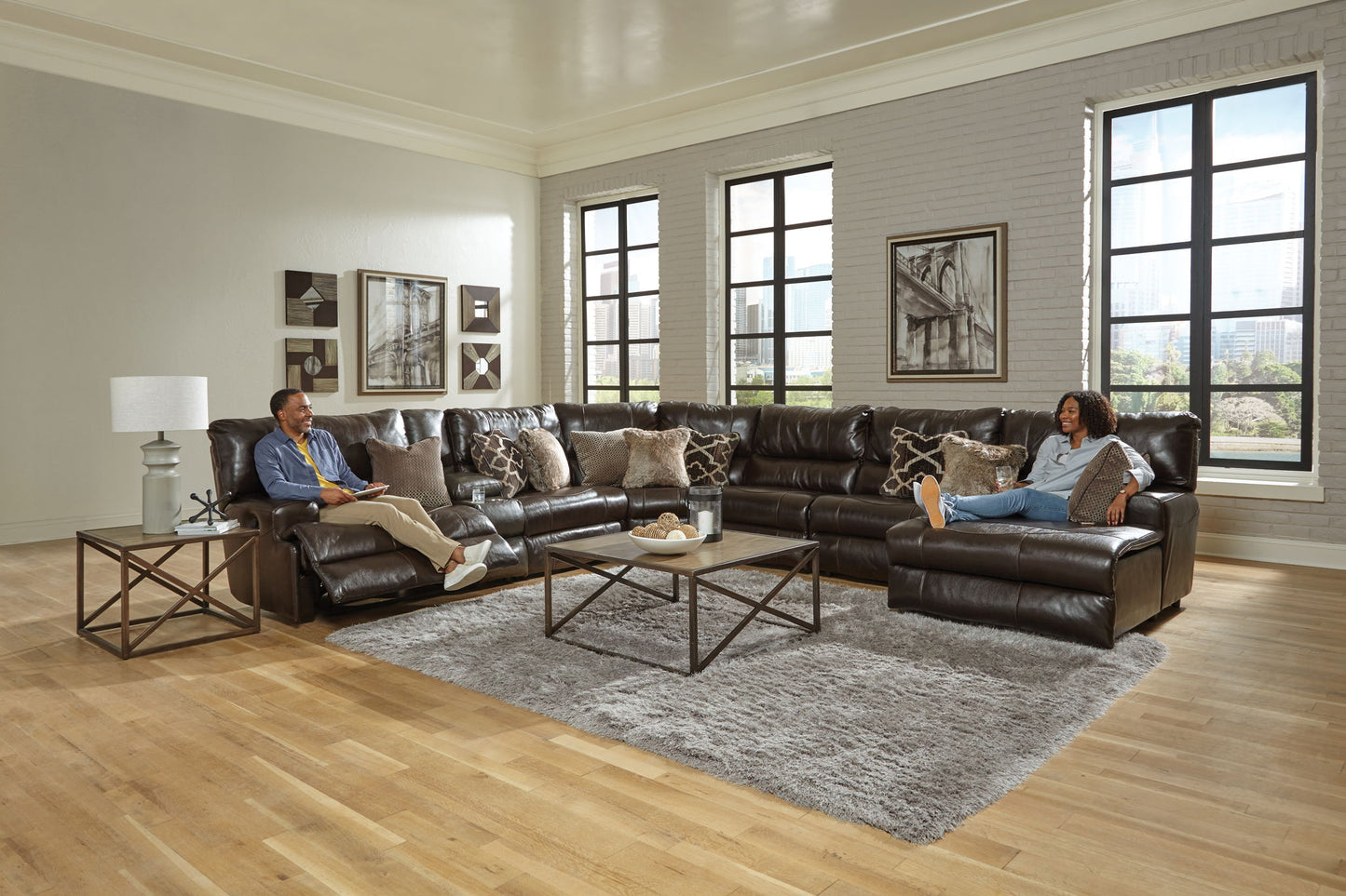 Como - 7 Piece Italian Leather Match Reclining Sectional - Hornell Furniture Outlet