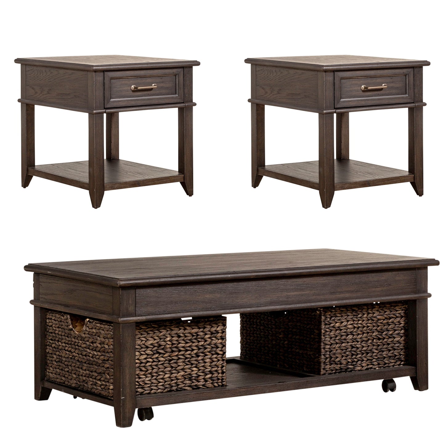 Mill Creek - 3 Piece Living Room Set (Lift Top Cocktail & 2 Drawer End Tables) - Dark Brown - Hornell Furniture Outlet