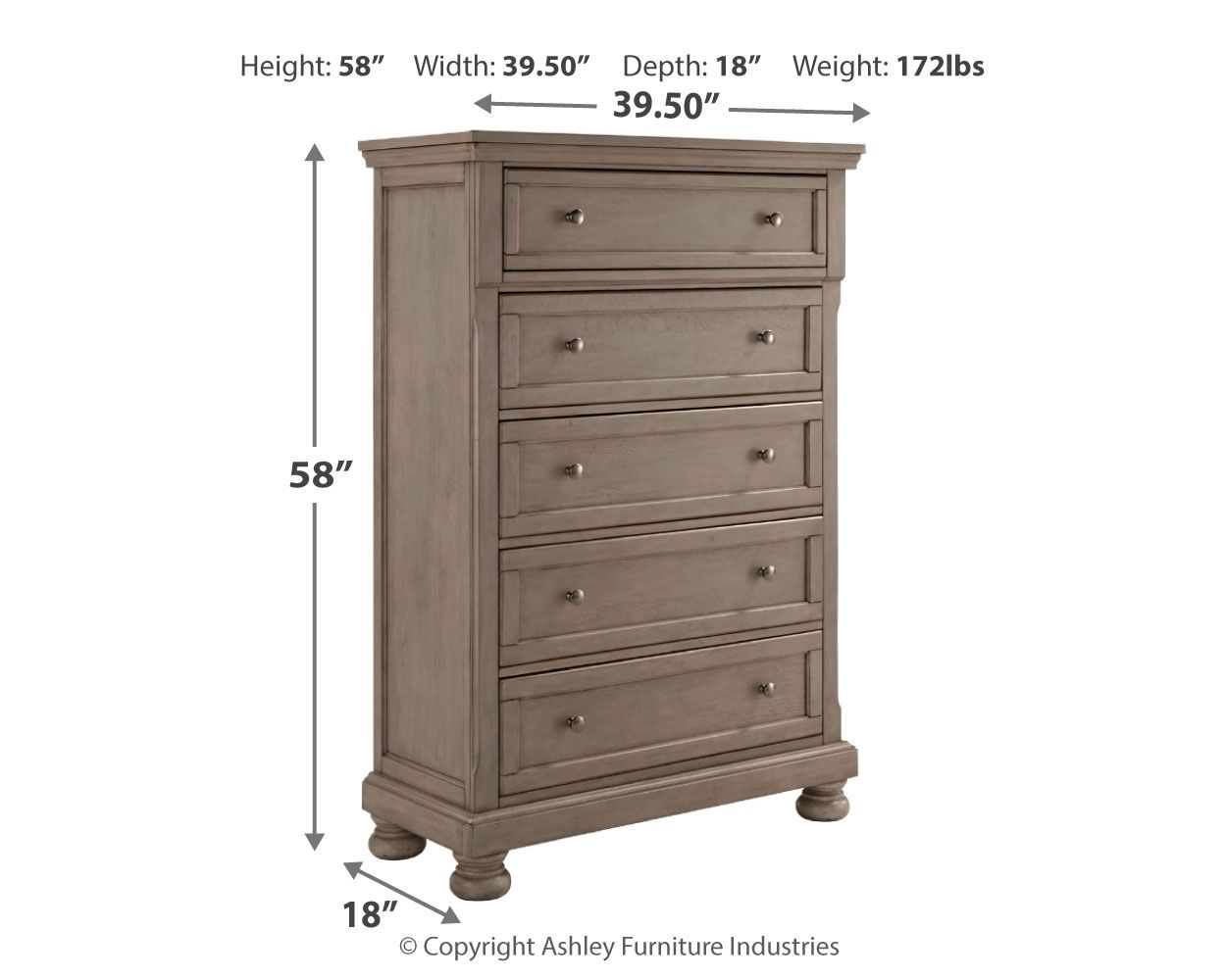 Lettner - Light Gray - Five Drawer Chest - 2 - handles - Hornell Furniture Outlet