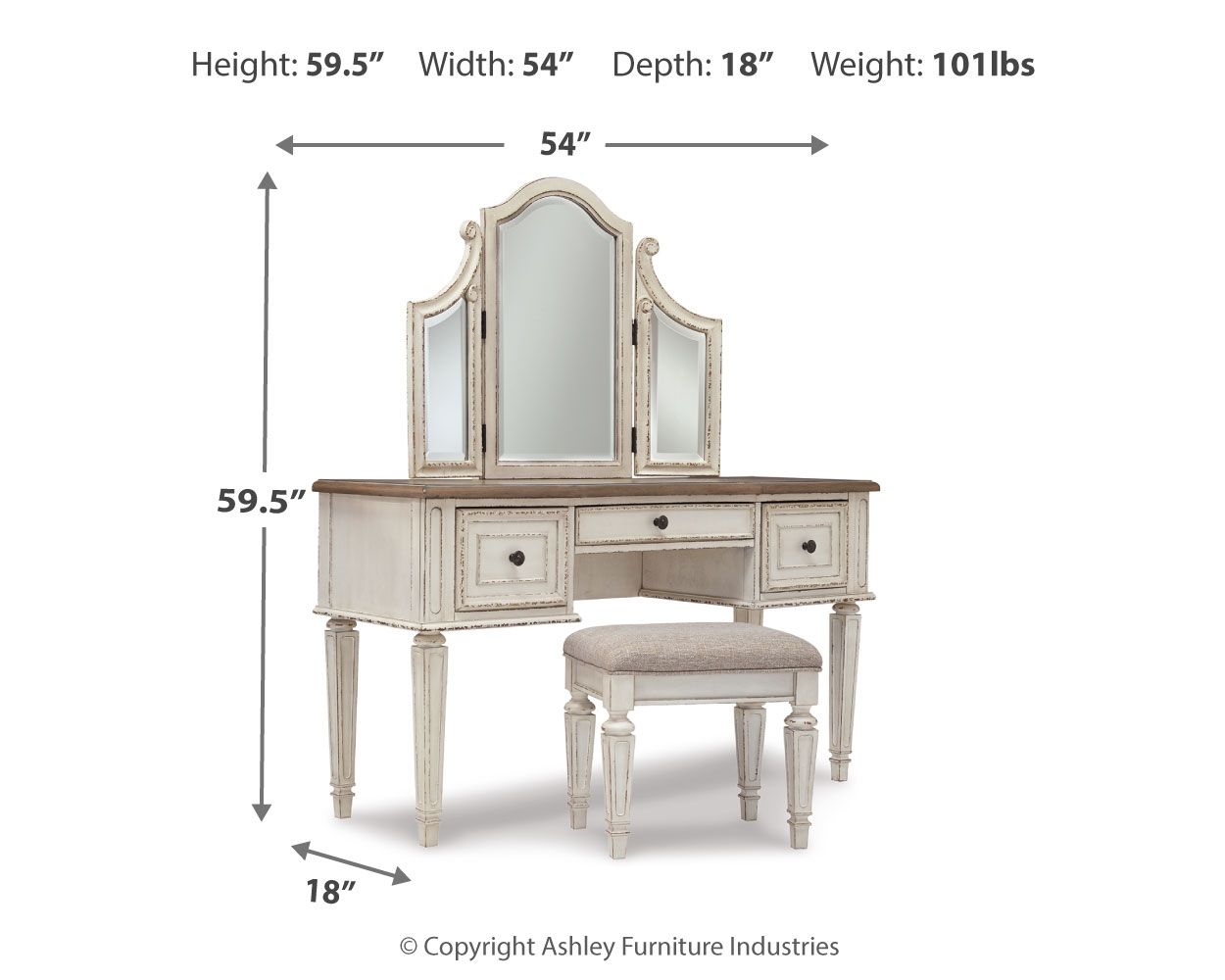 Realyn - Vanity/Mirror/Stool (Set of 3) - White / Brown / Beige - Hornell Furniture Outlet