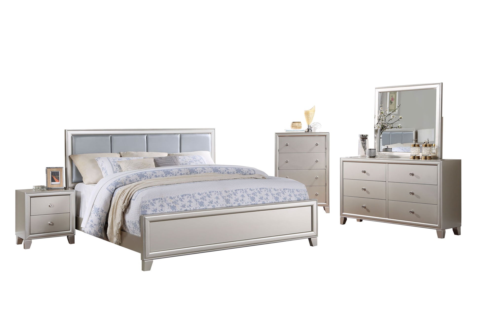 Omni - 6 Piece King Bedroom Set - Pearl Silver - Hornell Furniture Outlet