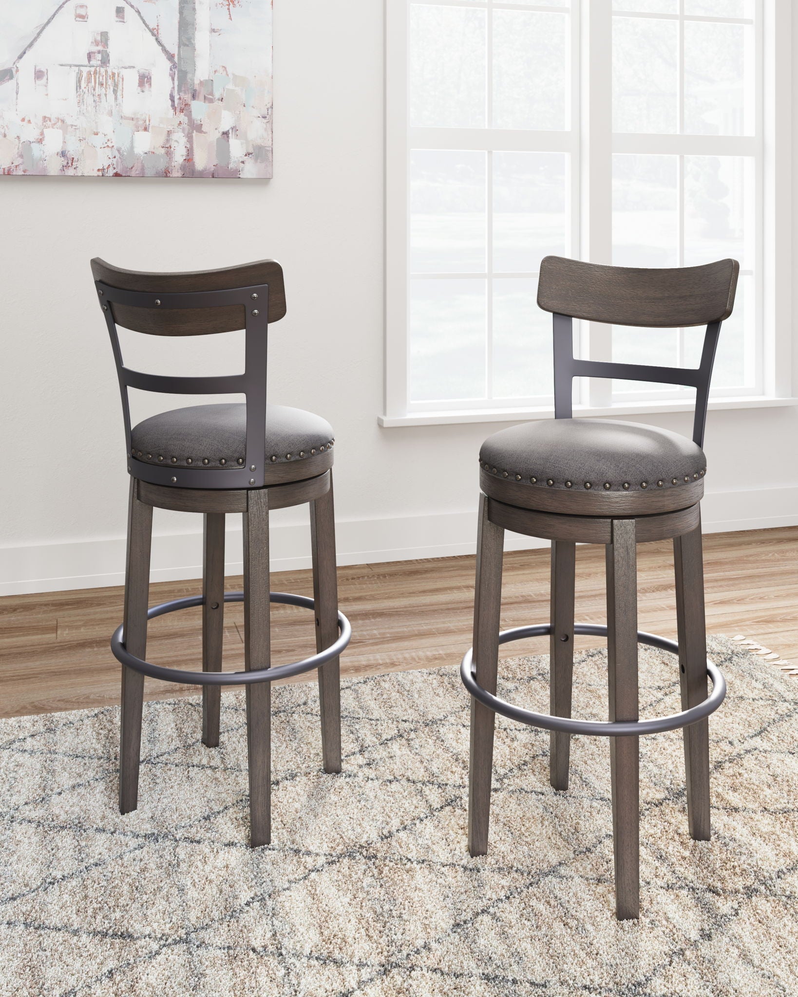 Caitbrook - Gray - Tall UPH Swivel Barstool - Hornell Furniture Outlet