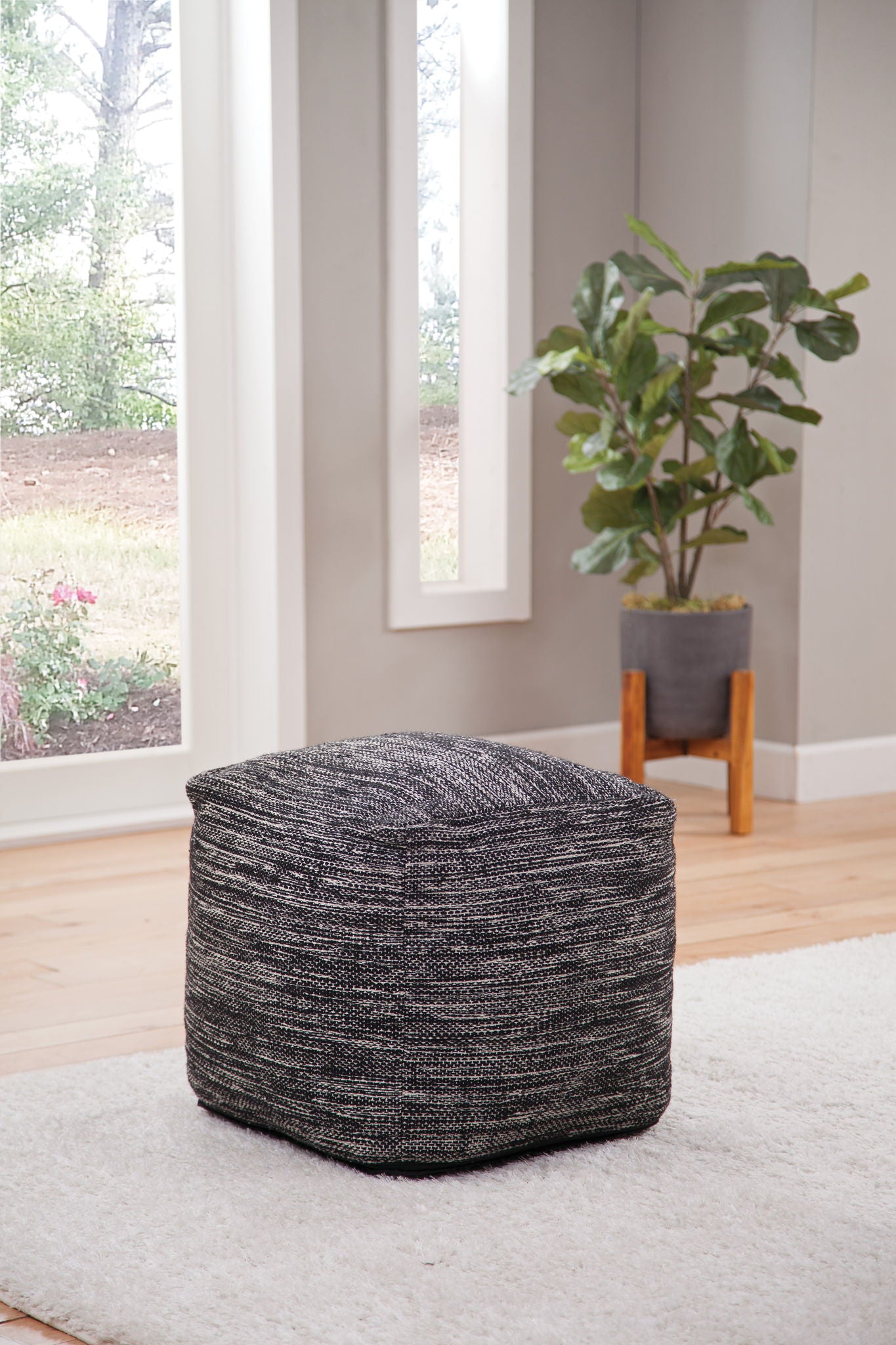 Omari - Square Handwoven Woolen Pouf - Black - Hornell Furniture Outlet