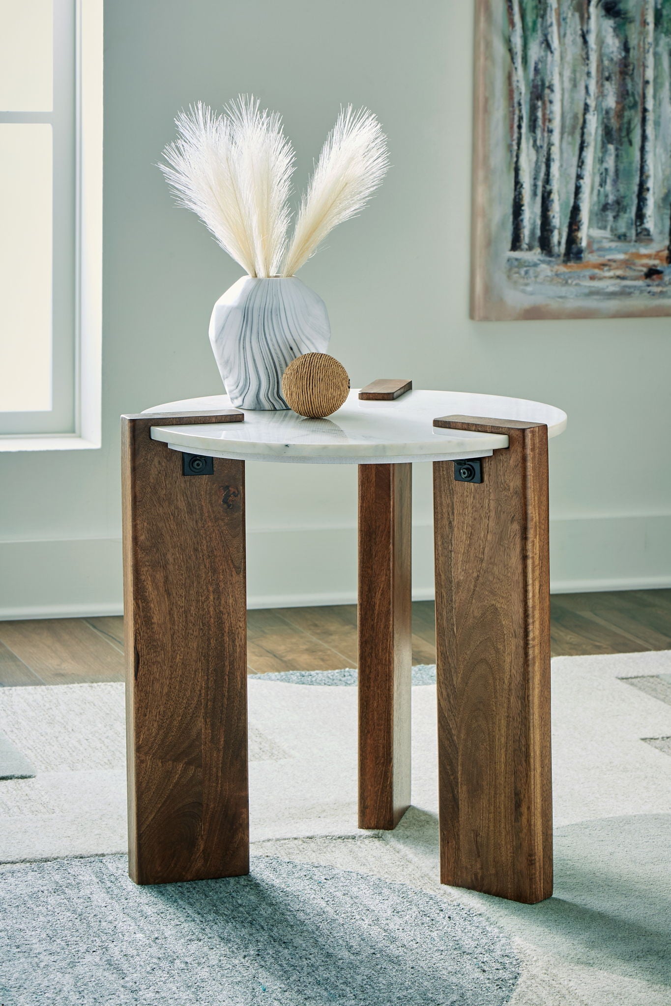Isanti - White / Brown - Round End Table - Hornell Furniture Outlet