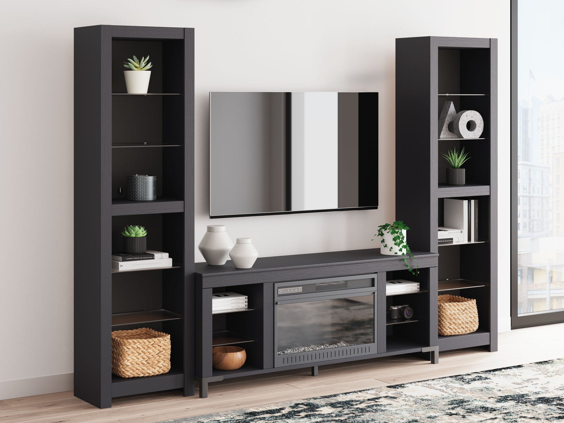 Cayberry - Black - 3 - Piece Entertainment Center With Electric Fireplace - Hornell Furniture Outlet