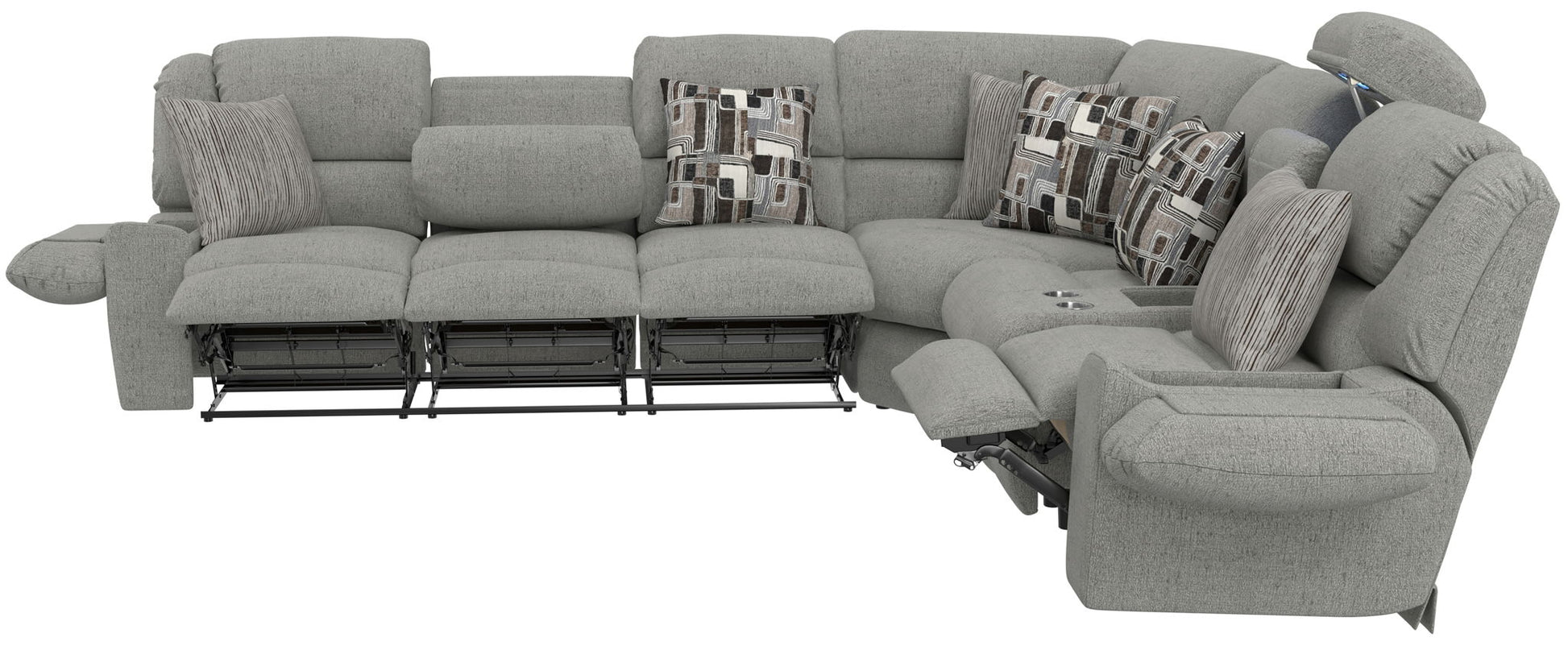 Quinn - 3 Piece Reclining Sectional With 4 Reclining Seats, Storage Arms, Storage Console With Lights, And Drop Down Table - Nature - Hornell Furniture Outlet