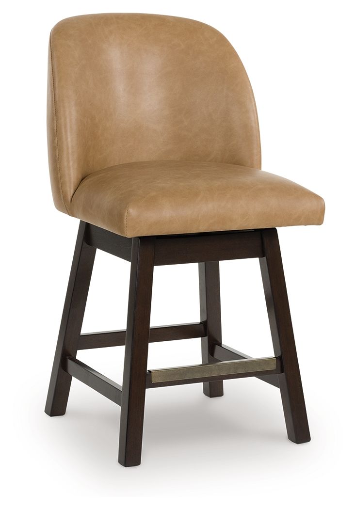 Neymorton - Dark Grayish Brown - Upholstered Swivel Faux Leather Barstool (Set of 2) - Hornell Furniture Outlet