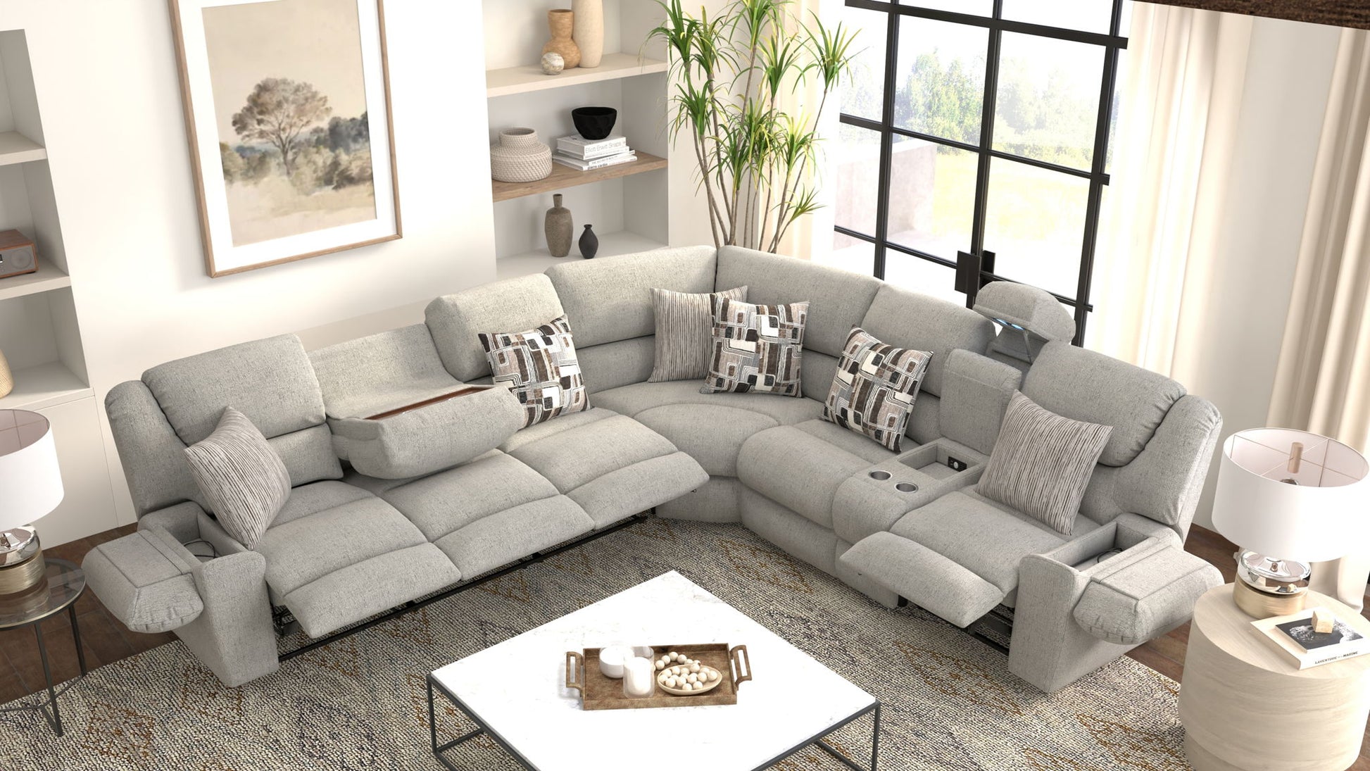 Quinn - 3 Piece Reclining Sectional With 4 Reclining Seats, Storage Arms, Storage Console With Lights, And Drop Down Table - Nature - Hornell Furniture Outlet