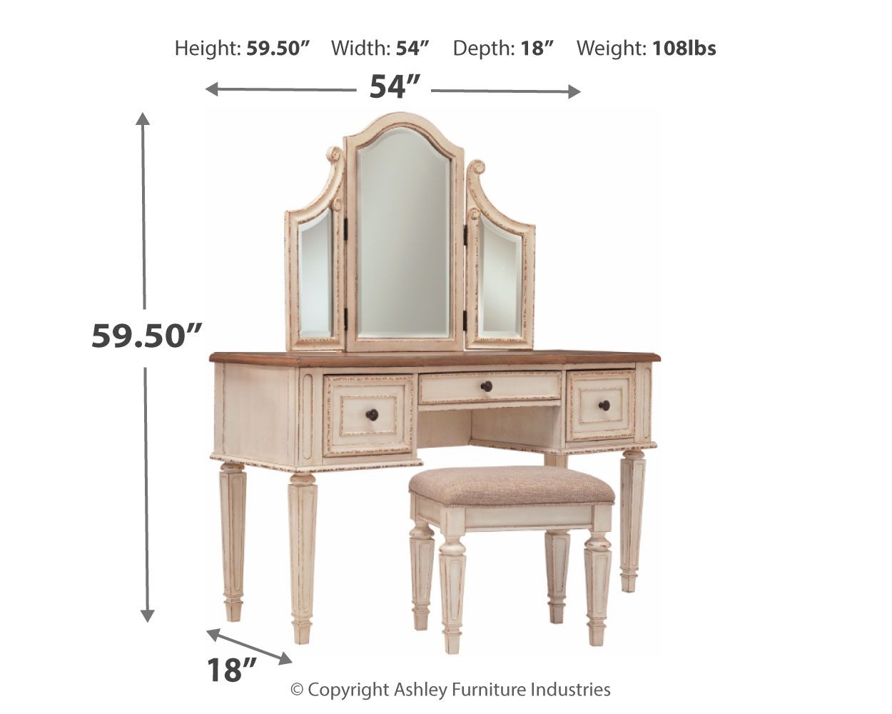 Realyn - White / Brown / Beige - Vanity/Mirror/Stool (Set of 3) - Hornell Furniture Outlet