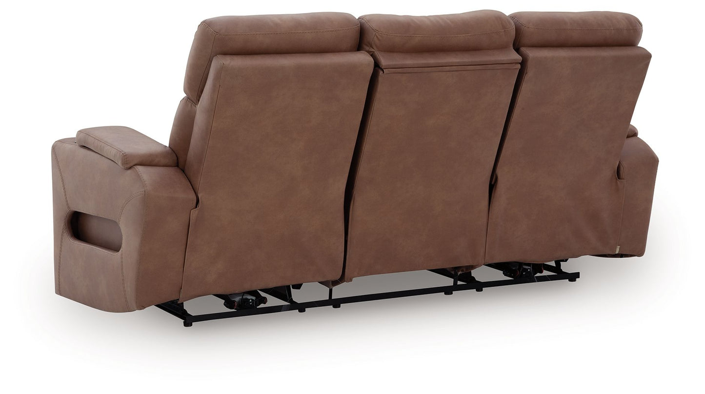 Clean - Slate - Caramel - Power Reclining Sofa / Adj Headrest - Hornell Furniture Outlet