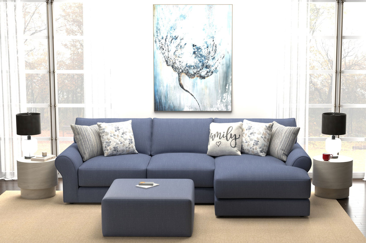 Cape May - Sofa Chaise With Comfort Coil Seating, 41" Cocktail Ottoman And 5 Accent Pillows Included - Hornell Furniture Outlet