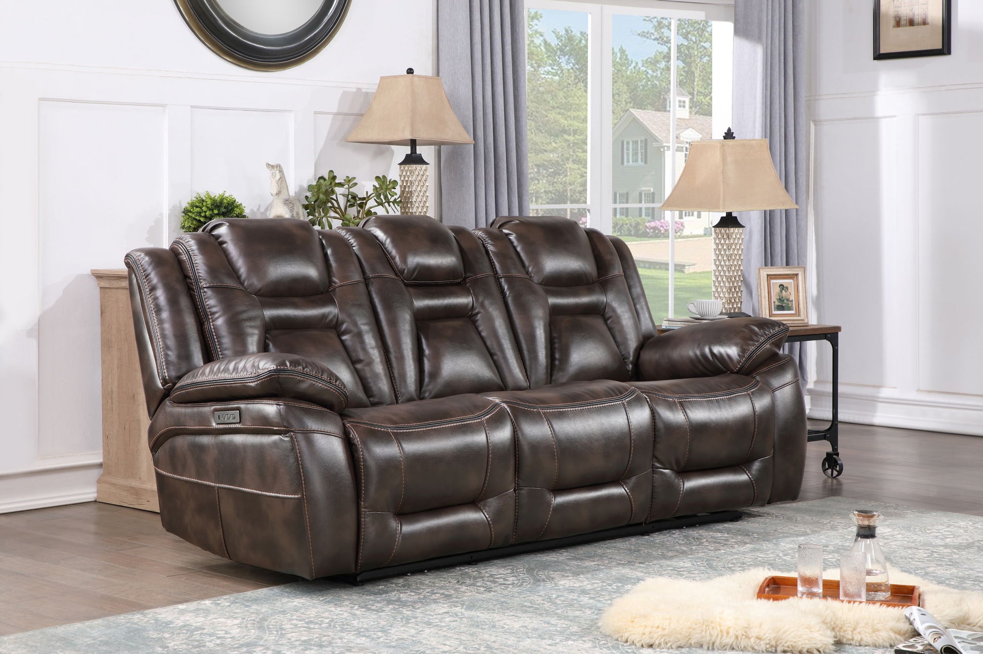 Oportuna - Dual Power Sofa With Drop Down Table - Dark Brown - Hornell Furniture Outlet