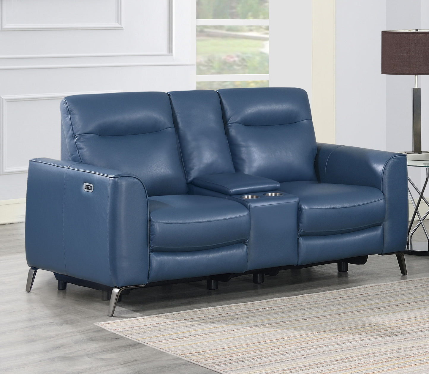 Sansa - Dual Power Reclining Loveseat With Console - Blue - Hornell Furniture Outlet