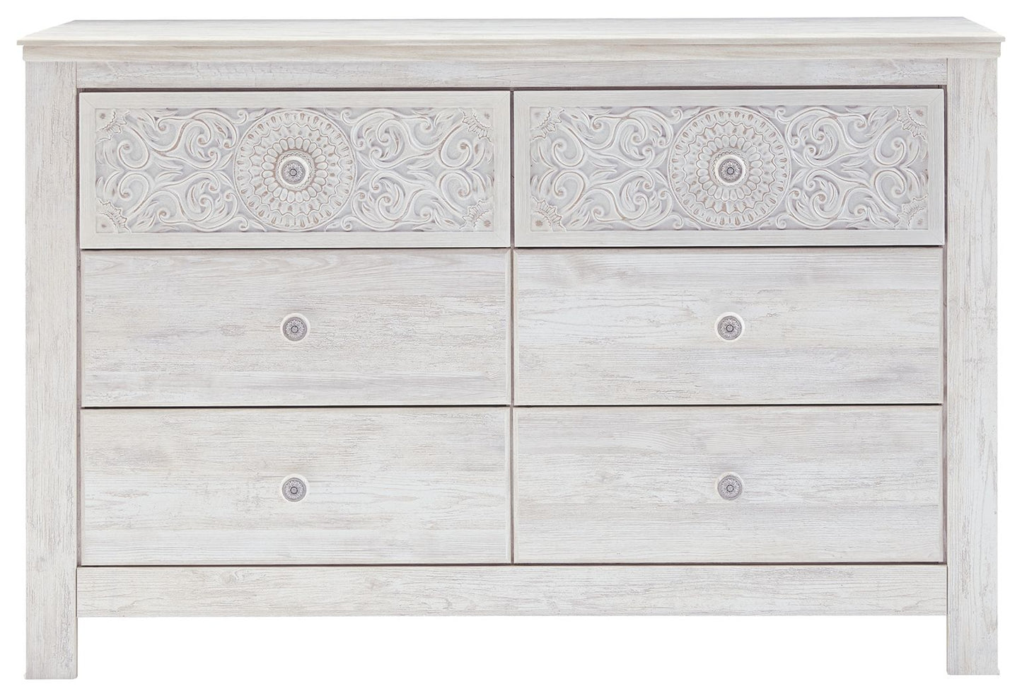 Paxberry - Whitewash - Six Drawer Dresser - Medallion Drawer Pulls - Hornell Furniture Outlet