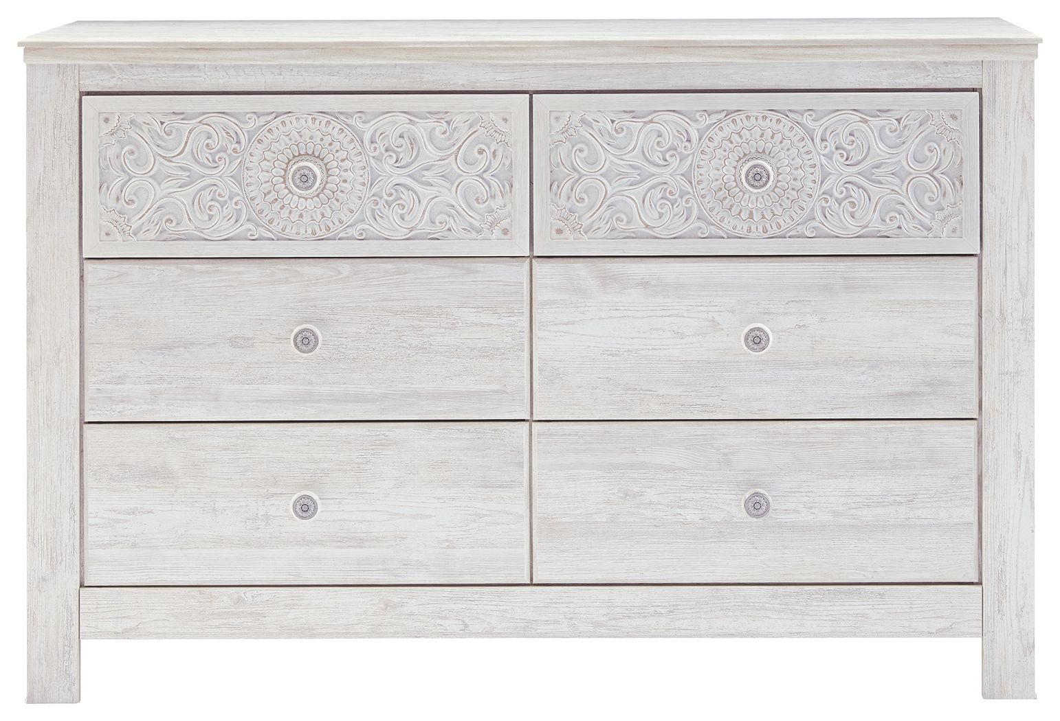 Paxberry - Whitewash - Six Drawer Dresser - Medallion Drawer Pulls - Hornell Furniture Outlet