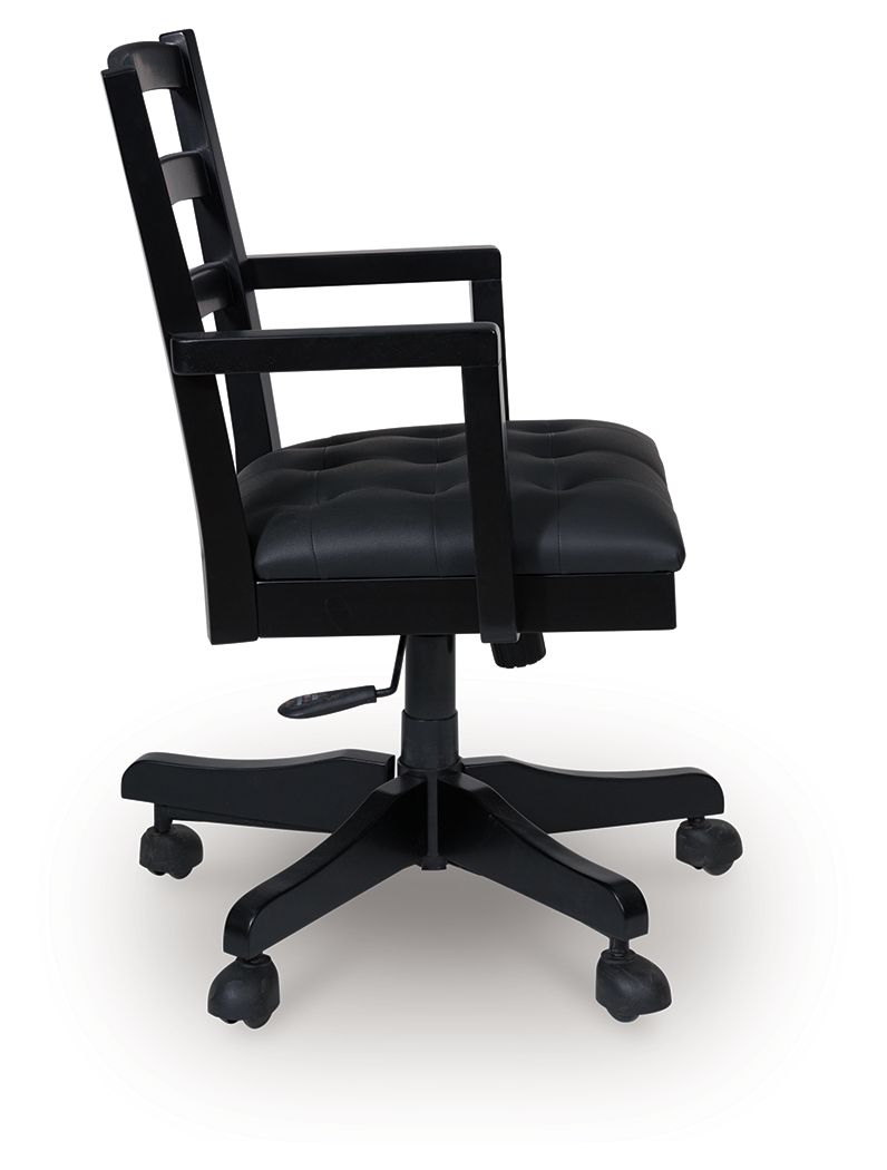 Wildenauer - Brown / Black - 4 Pc. - Home Office Desk And Return, Swivel Desk Chair, Bookcase - Hornell Furniture Outlet