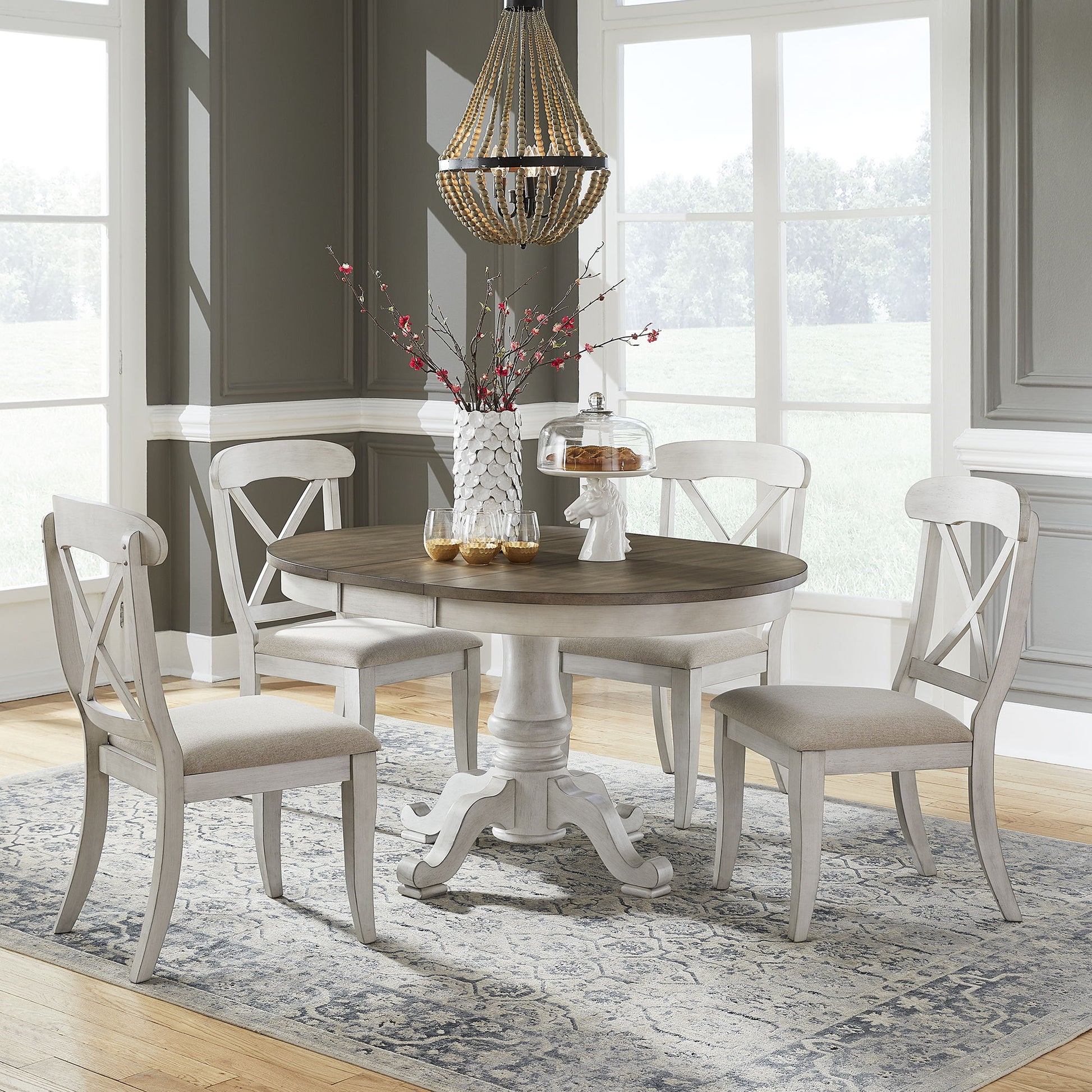 Ocean Isle - 5 Piece Pedestal Table Set - Antique White - Hornell Furniture Outlet
