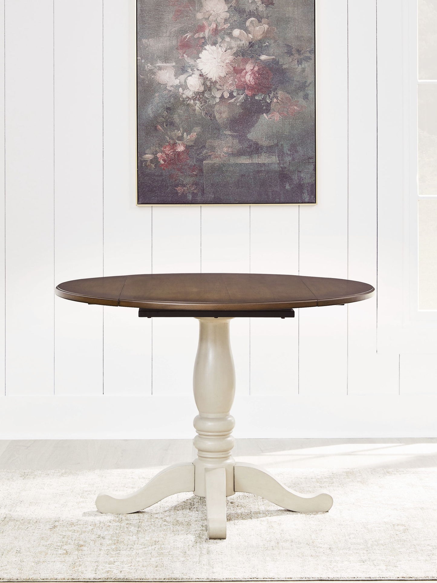 Wirloni - Round Dining Room Drop Leaf Table - Antique White / Brown - Hornell Furniture Outlet