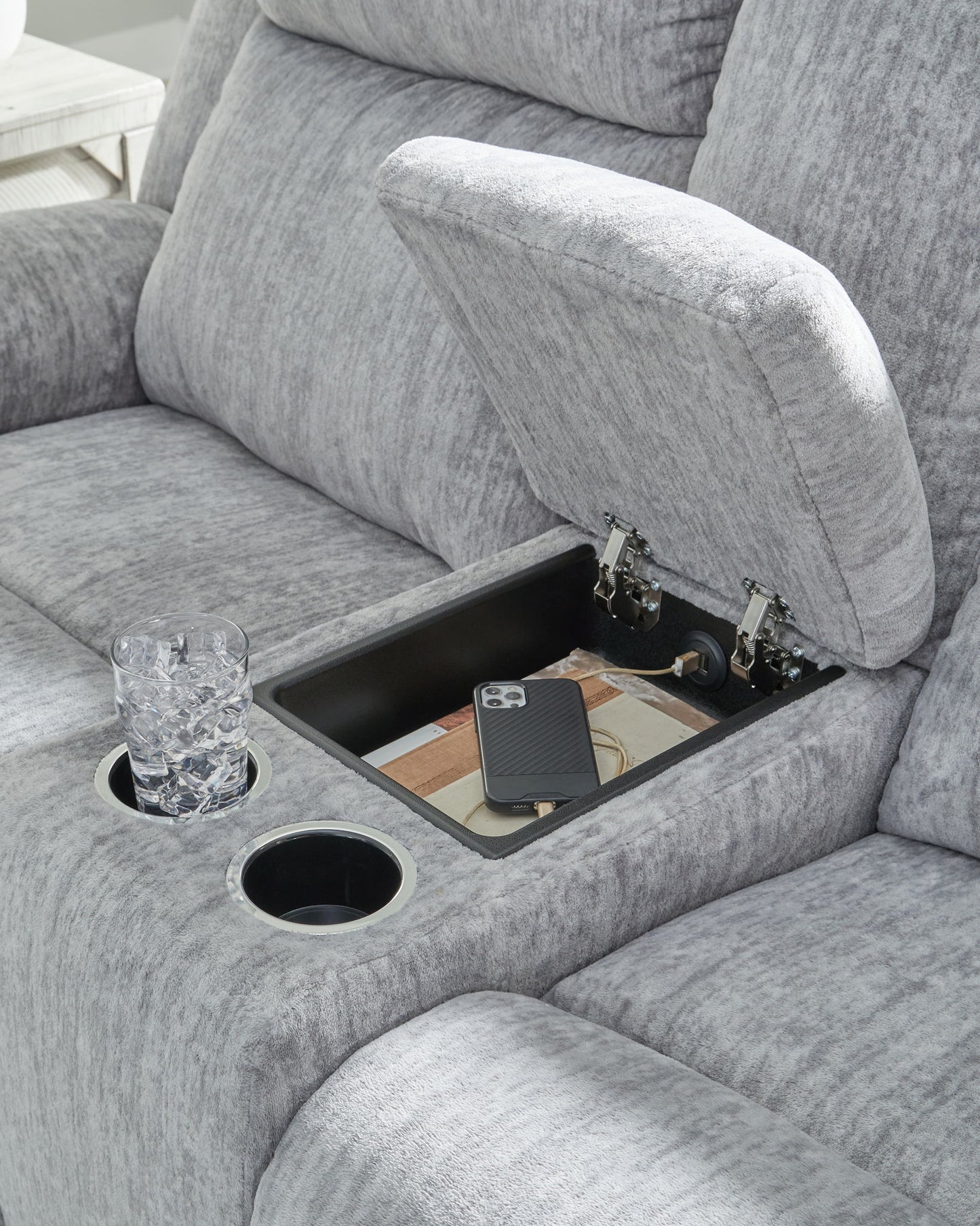 Buntington - Pewter - Dbl Reclining Loveseat with Console - Hornell Furniture Outlet