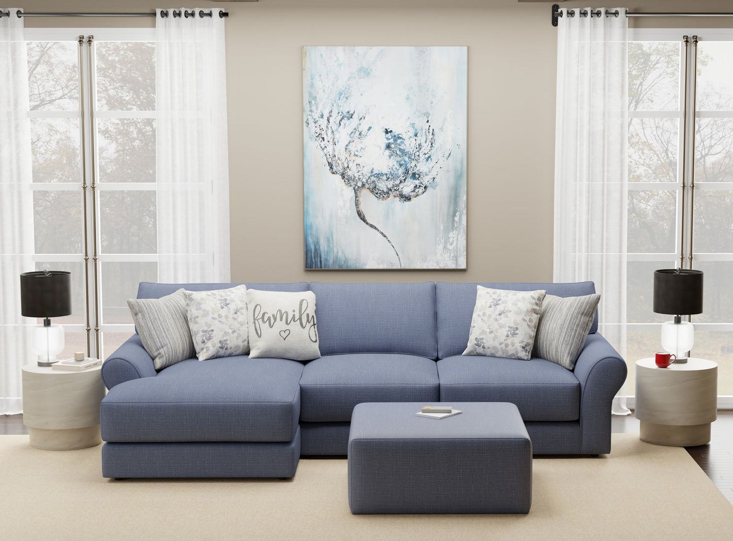 Cape May - Sofa Chaise With Comfort Coil Seating, 41" Cocktail Ottoman And 5 Accent Pillows Included - Hornell Furniture Outlet