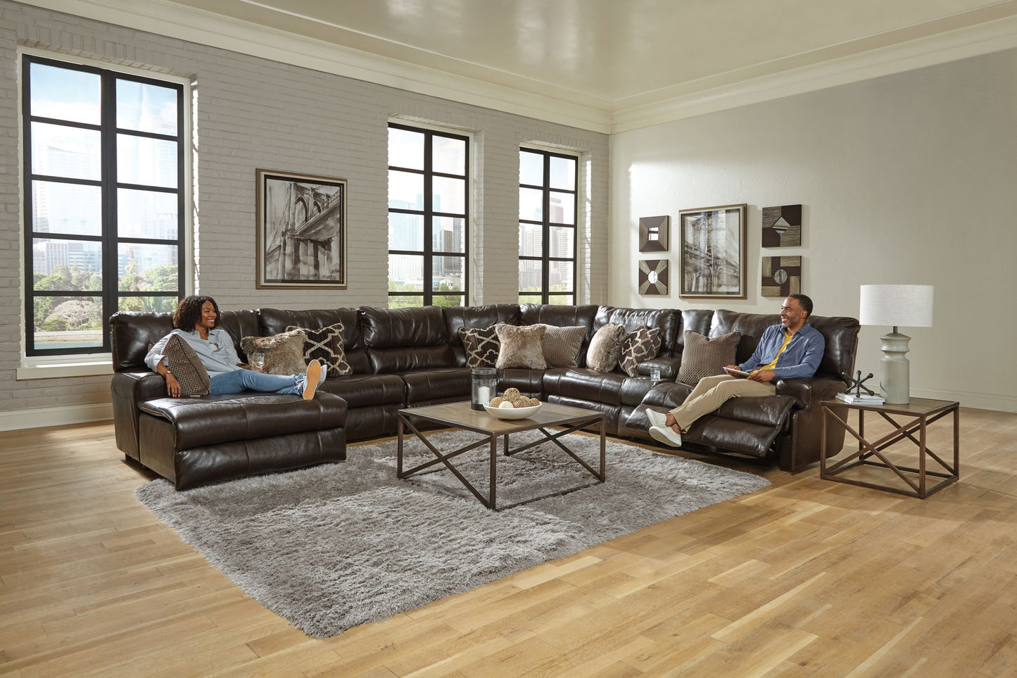 Como - 7 Piece Italian Leather Match Reclining Sectional - Hornell Furniture Outlet