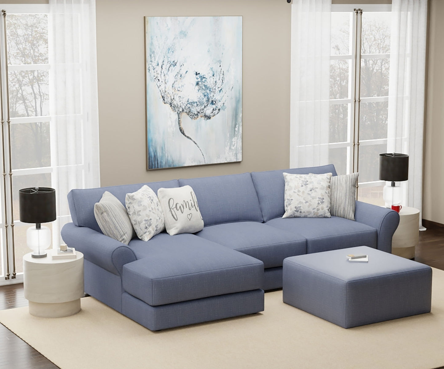 Cape May - Sofa Chaise With Comfort Coil Seating, 41" Cocktail Ottoman And 5 Accent Pillows Included - Hornell Furniture Outlet