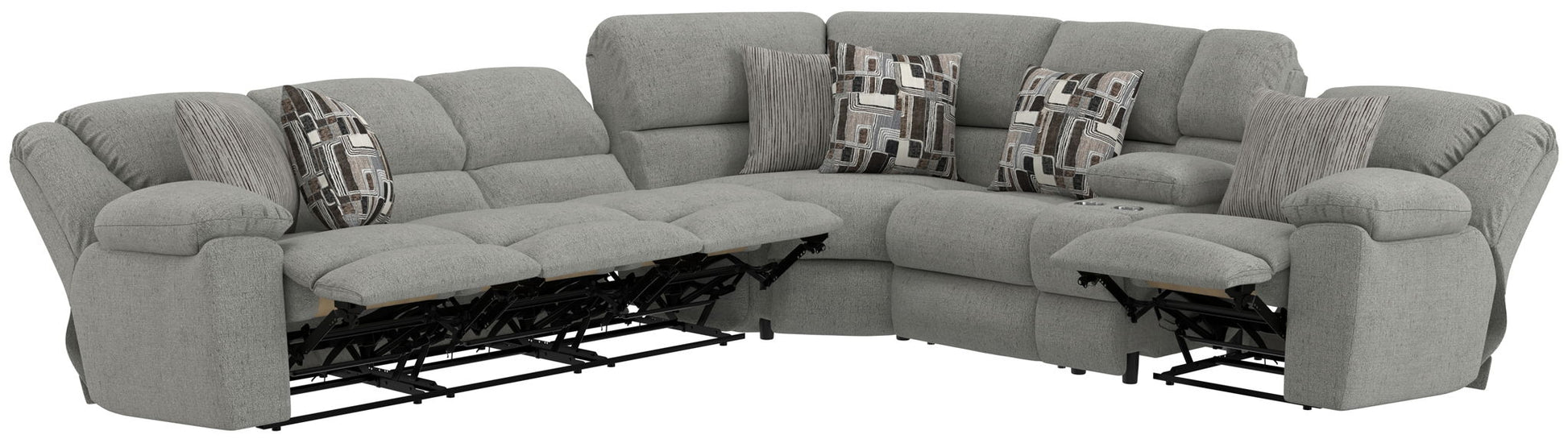 Quinn - 3 Piece Reclining Sectional With 4 Reclining Seats, Storage Arms, Storage Console With Lights, And Drop Down Table - Nature - Hornell Furniture Outlet
