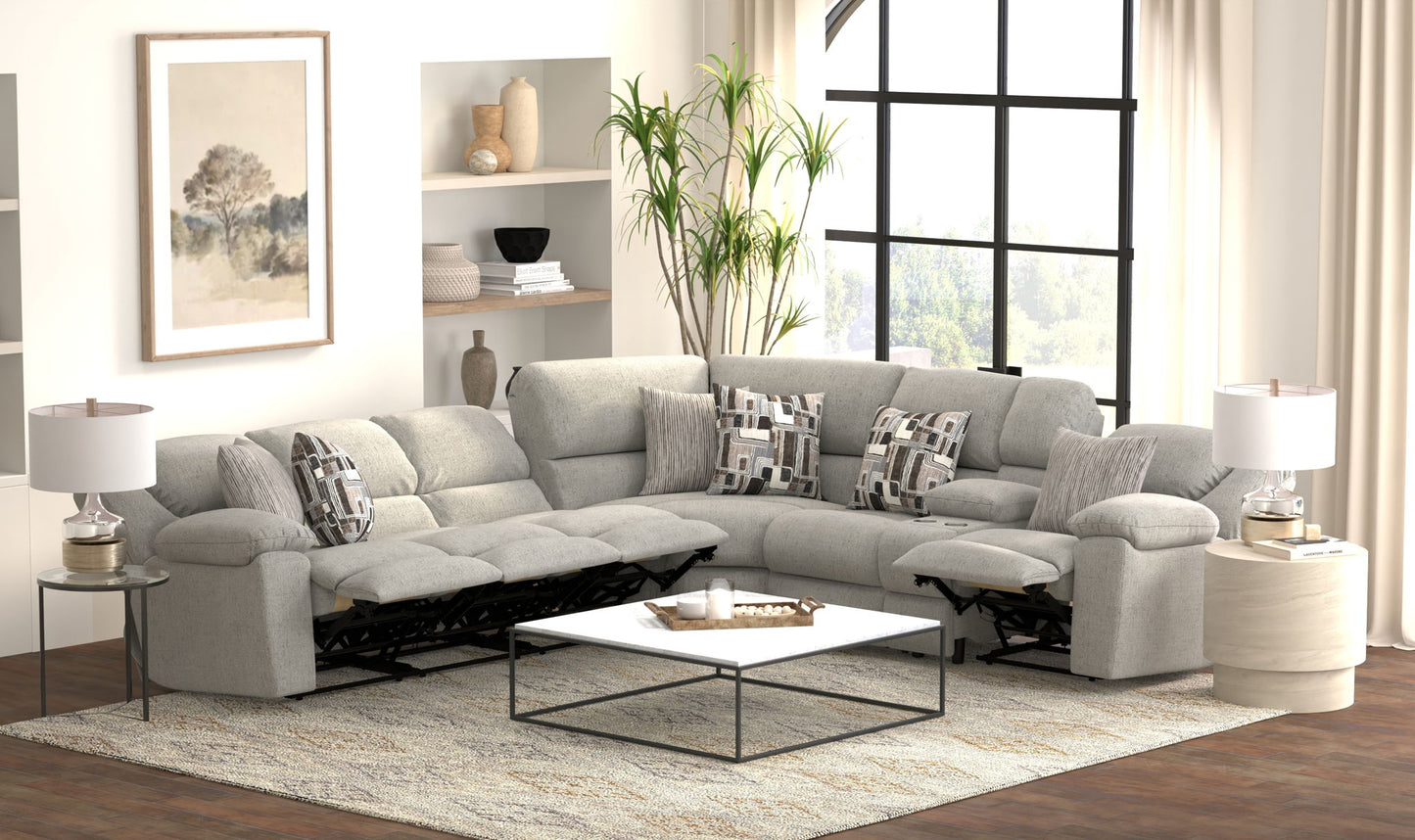 Quinn - 3 Piece Reclining Sectional With 4 Reclining Seats, Storage Arms, Storage Console With Lights, And Drop Down Table - Nature - Hornell Furniture Outlet