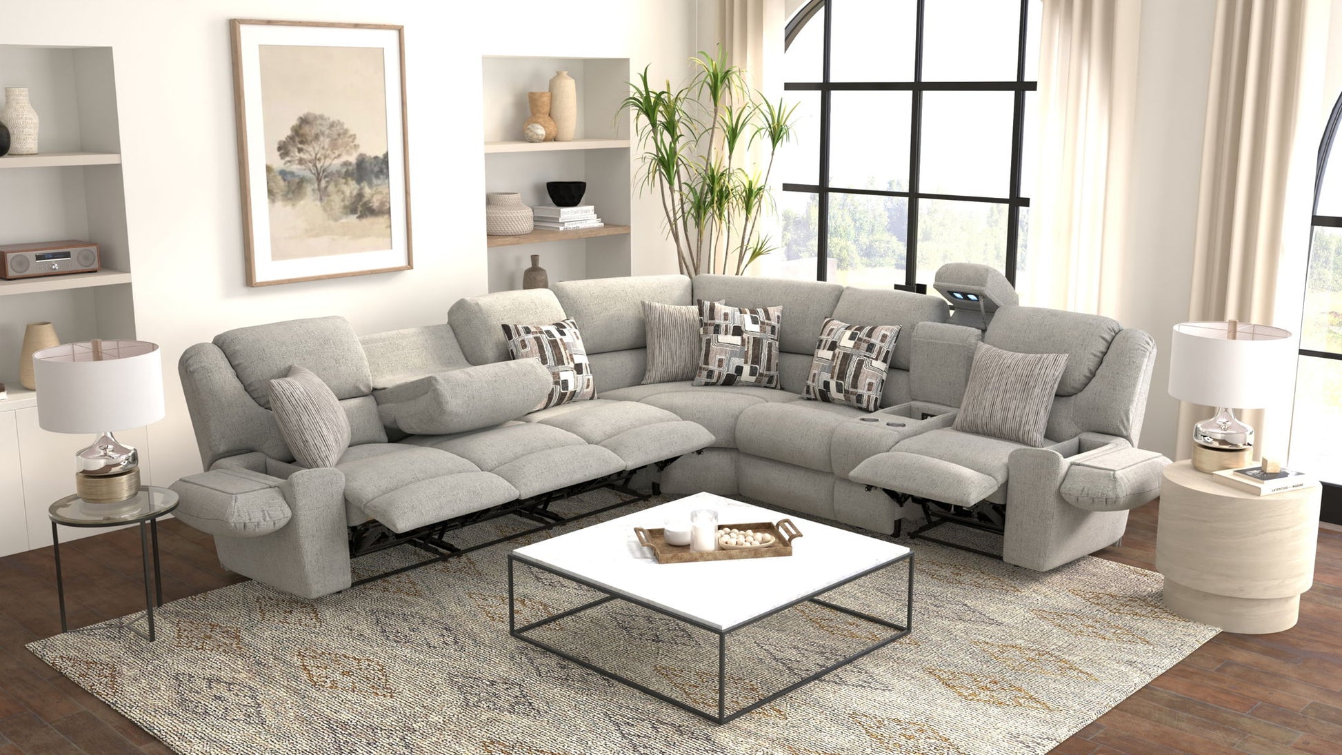 Quinn - 3 Piece Reclining Sectional With 4 Reclining Seats, Storage Arms, Storage Console With Lights, And Drop Down Table - Nature - Hornell Furniture Outlet