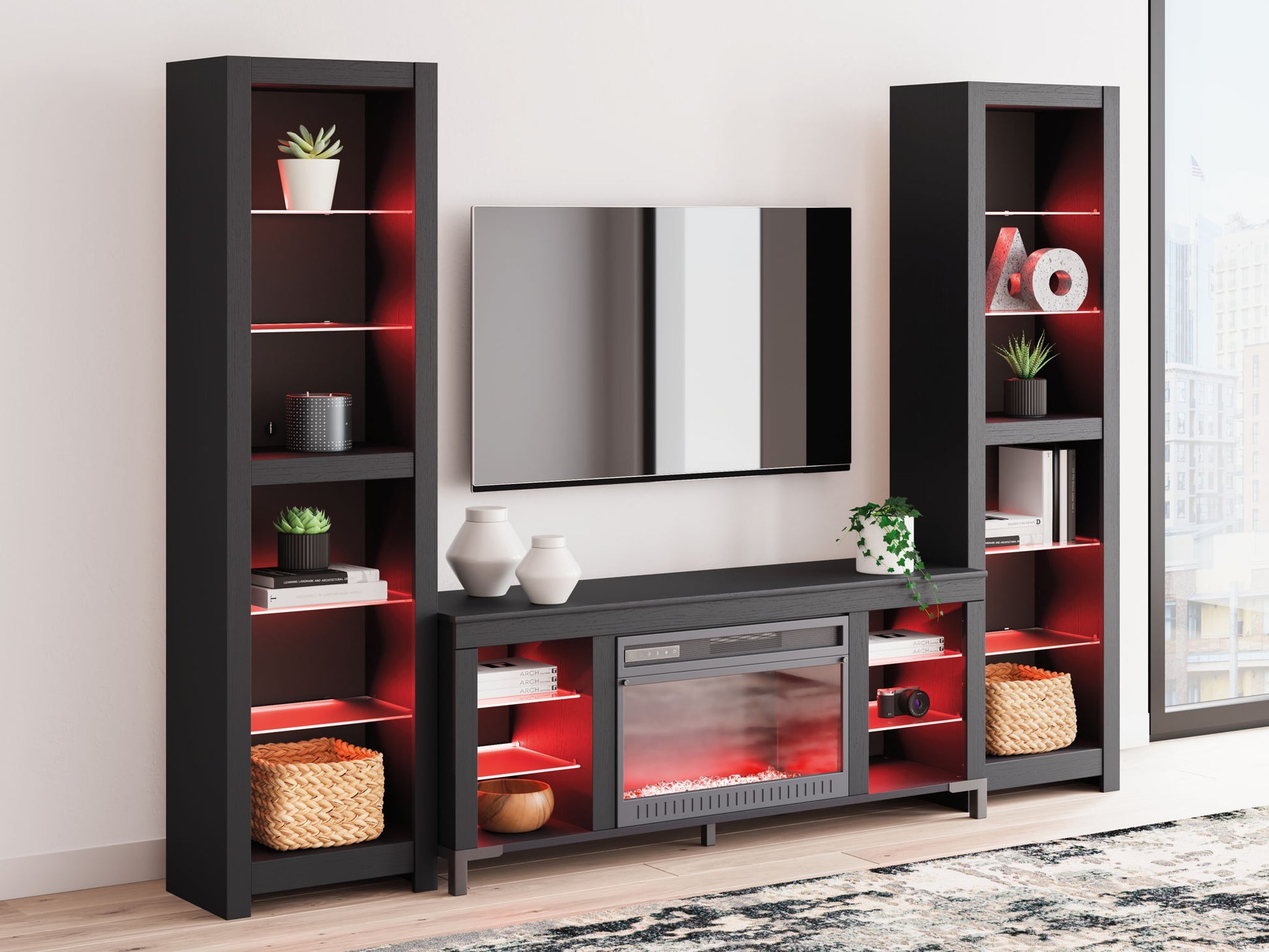 Cayberry - Black - 3 - Piece Entertainment Center With Electric Fireplace - Hornell Furniture Outlet