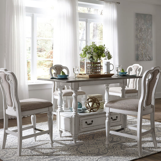 Magnolia Manor - 5 Piece Gathering Table Set - Upholstered Chairs - White - Hornell Furniture Outlet