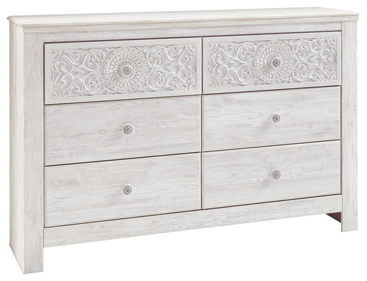 Paxberry - Whitewash - Six Drawer Dresser - Medallion Drawer Pulls - Hornell Furniture Outlet