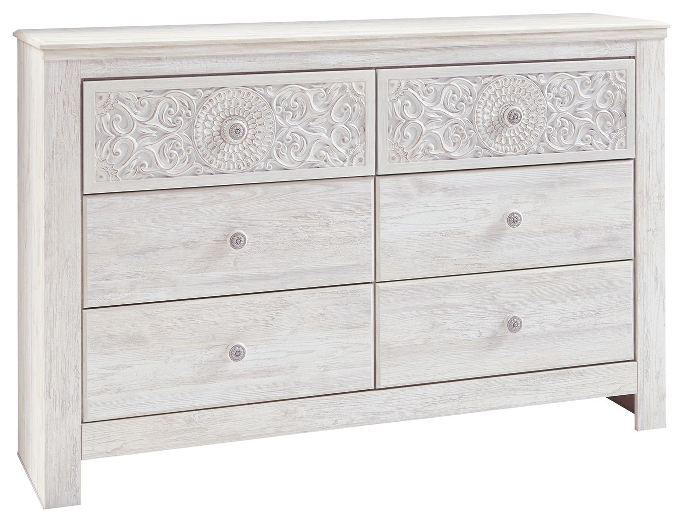 Paxberry - Whitewash - Dresser, Mirror - Medallion Drawer Pulls - Hornell Furniture Outlet