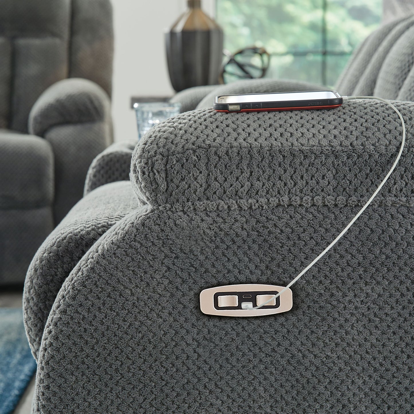 Observation - Reclining Power Sofa With Drop Down Table - Steel - Hornell Furniture Outlet